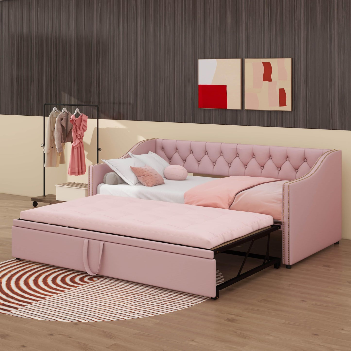 YunNianYang Twin Size Upholstered daybed with Pop Up Trundle (Pink)
