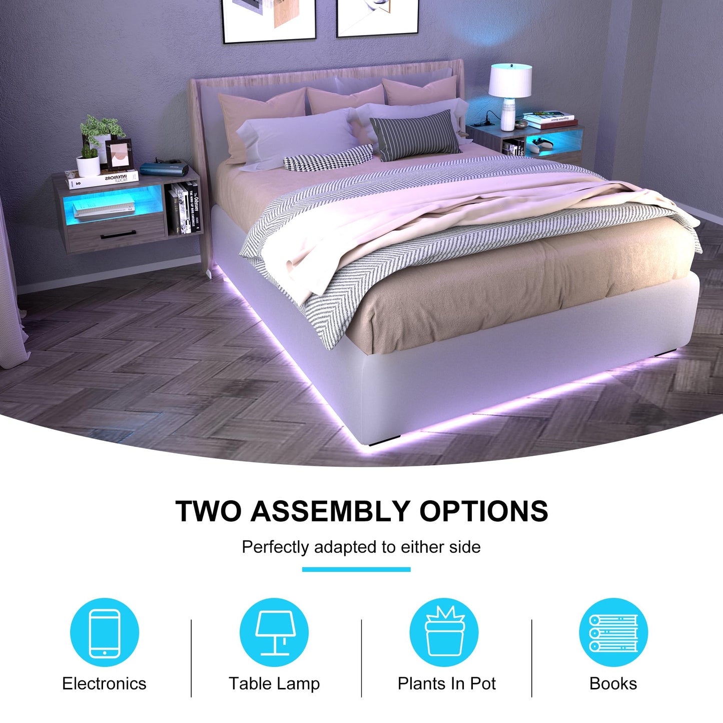 Bloddream Floating Nightstand with Charging Station and LED Light Strips, 21.3" Night Stand with Drawers, Floating Bedside with USB Ports and Outlets, Bedroom Furniture
