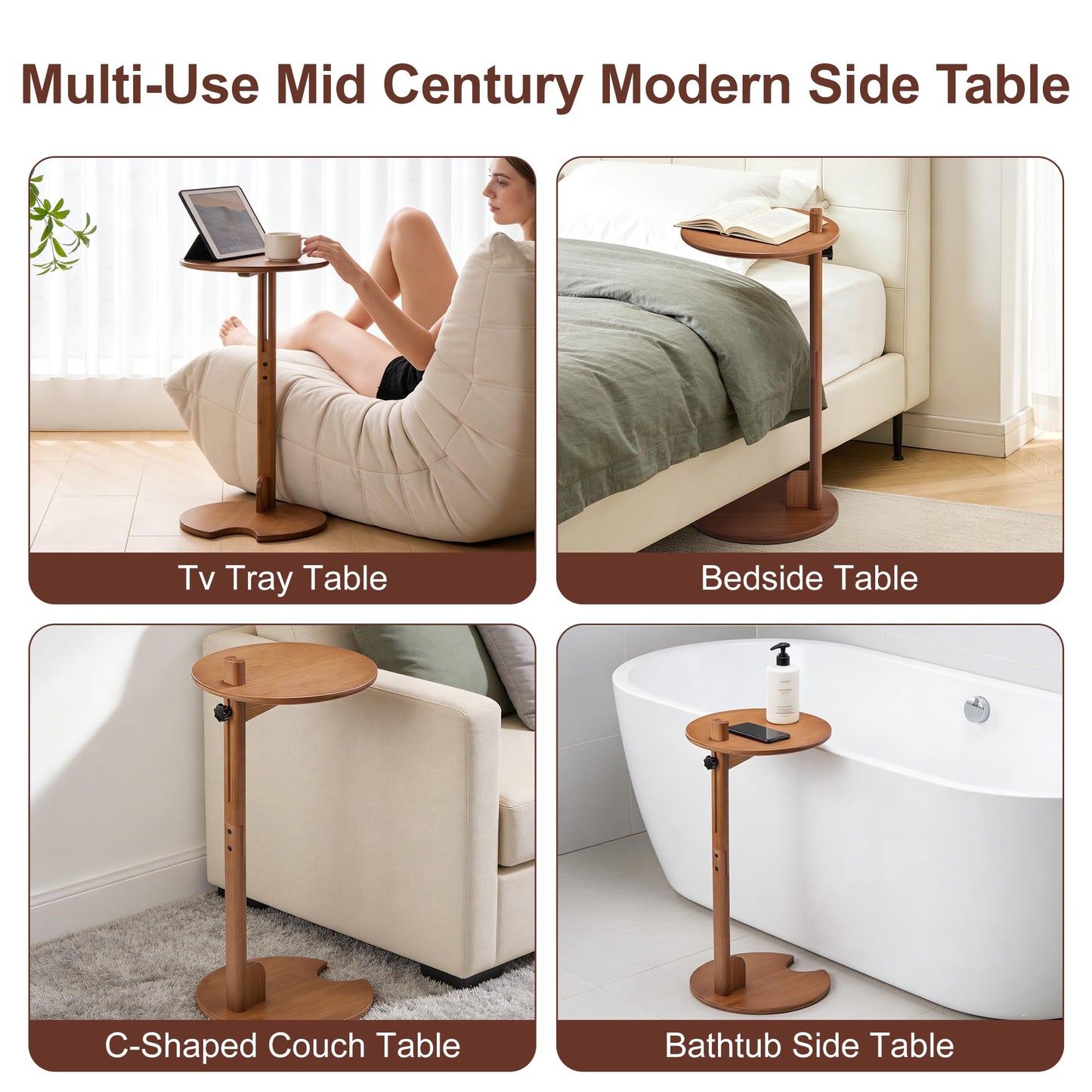 VELOHEIM Bamboo C Shaped Side End Table 18–26" Height Adjustable for Sofa