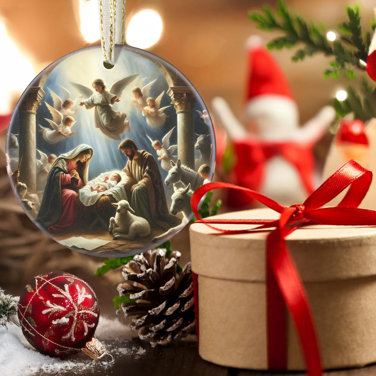 Nativity Christmas Decorations, 3.5 Inch Ceramic Religious Christmas Ornament, Christmas Tree Ornaments, Christian Gifts for Kids, Religious Gifts for Women, Xmas Gifts for Mom, Merry