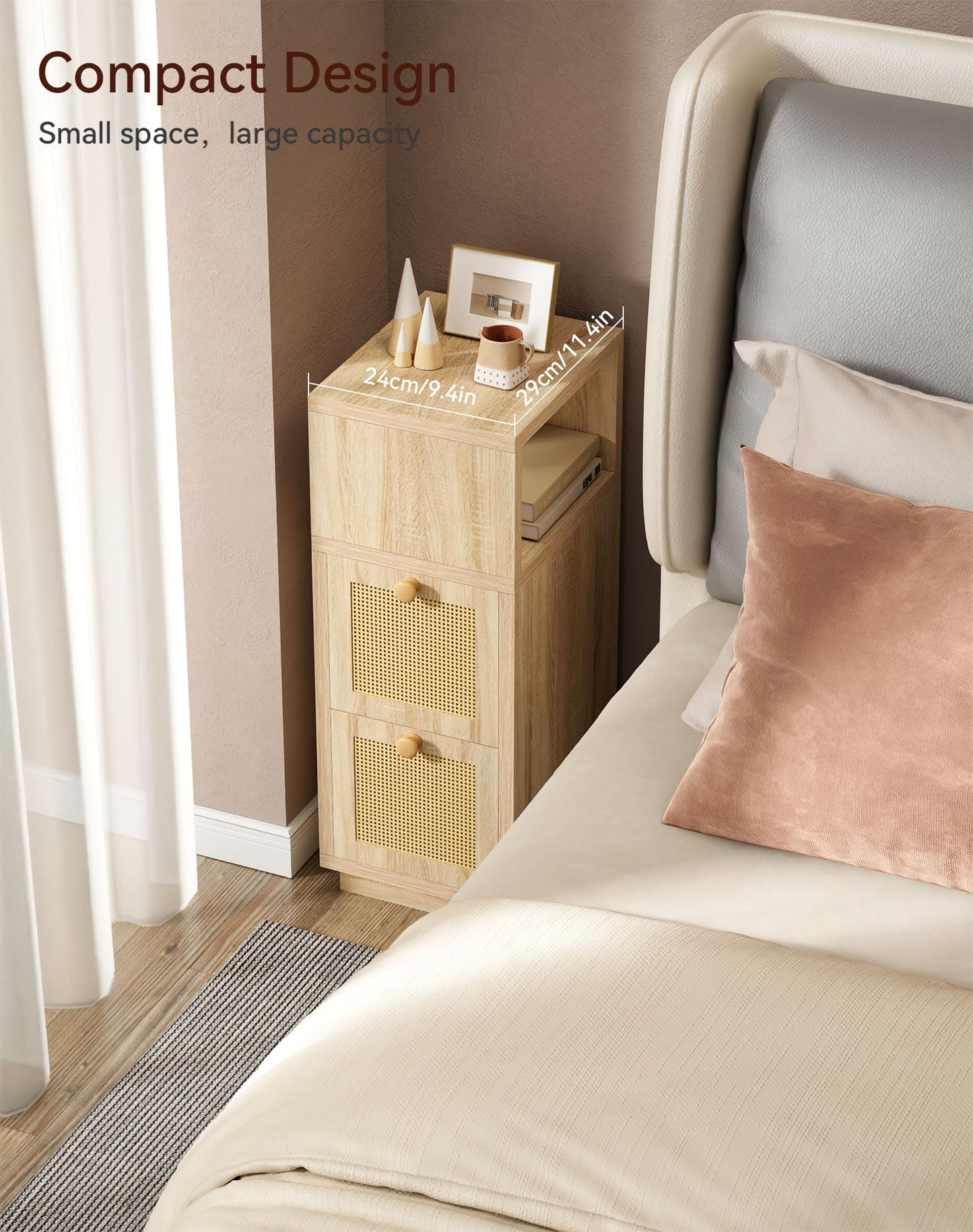 YMYNY Rattan Nightstands Set of 2, Boho Bedside Table with Open Shelf, 2 Drawers, 9.45" x 11.42" x 25.59", Narrow Side Table, Bedside Cabinet for Bedroom and Small Spaces, Natural UHST017N-2