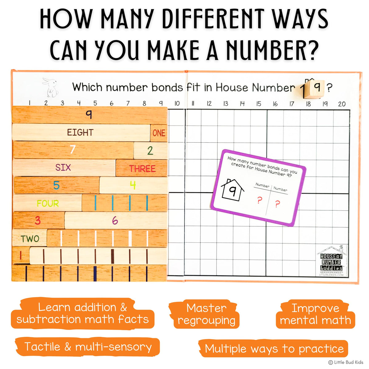 LITTLE BUD KIDS House of Number Buddies Math Game, a Number Bonds Math Toy with Counting Rods and Addition & Subtraction Flash Cards, a Montessori Material for Kids 4-8 Years Old