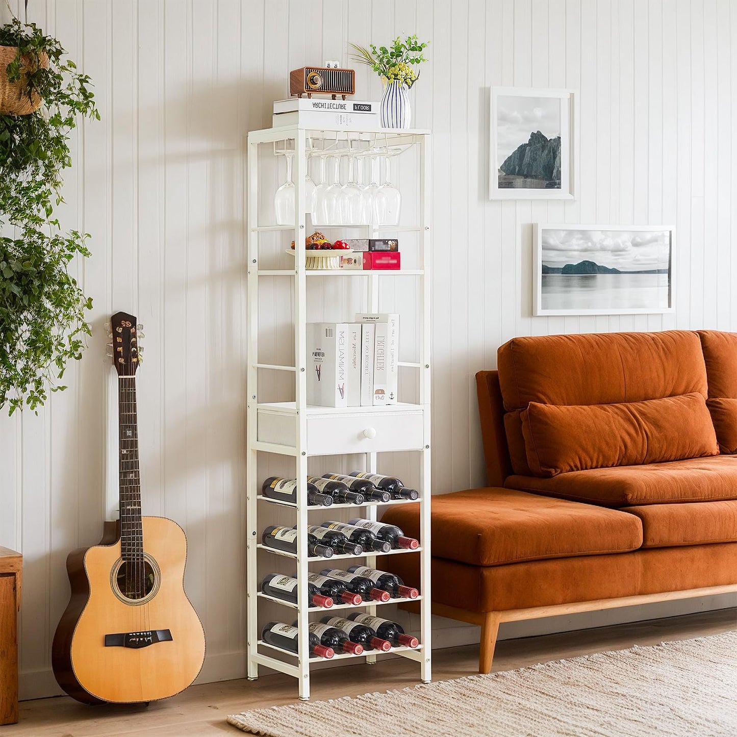 IBUYKE Wine Rack Freestanding Floor, Bar Cabinet for Liquor and Glasses,Coffee Bar Cabinet 4-Tier Wood bar Cabinet,Glass Holder and Storage Drawer for Home Bar Kitchen Living Room,White UTMJ905W