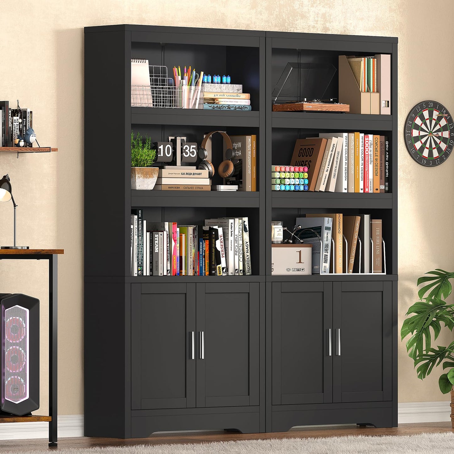 Book Shelf and Bookcase with Doors, 5-Tier Display Storage Cabinet with Adjustable Shelves, Open Compartments, Remote Control LED Lights, Tall cabinet for Bathroom Kitchen Living Room, Home Office
