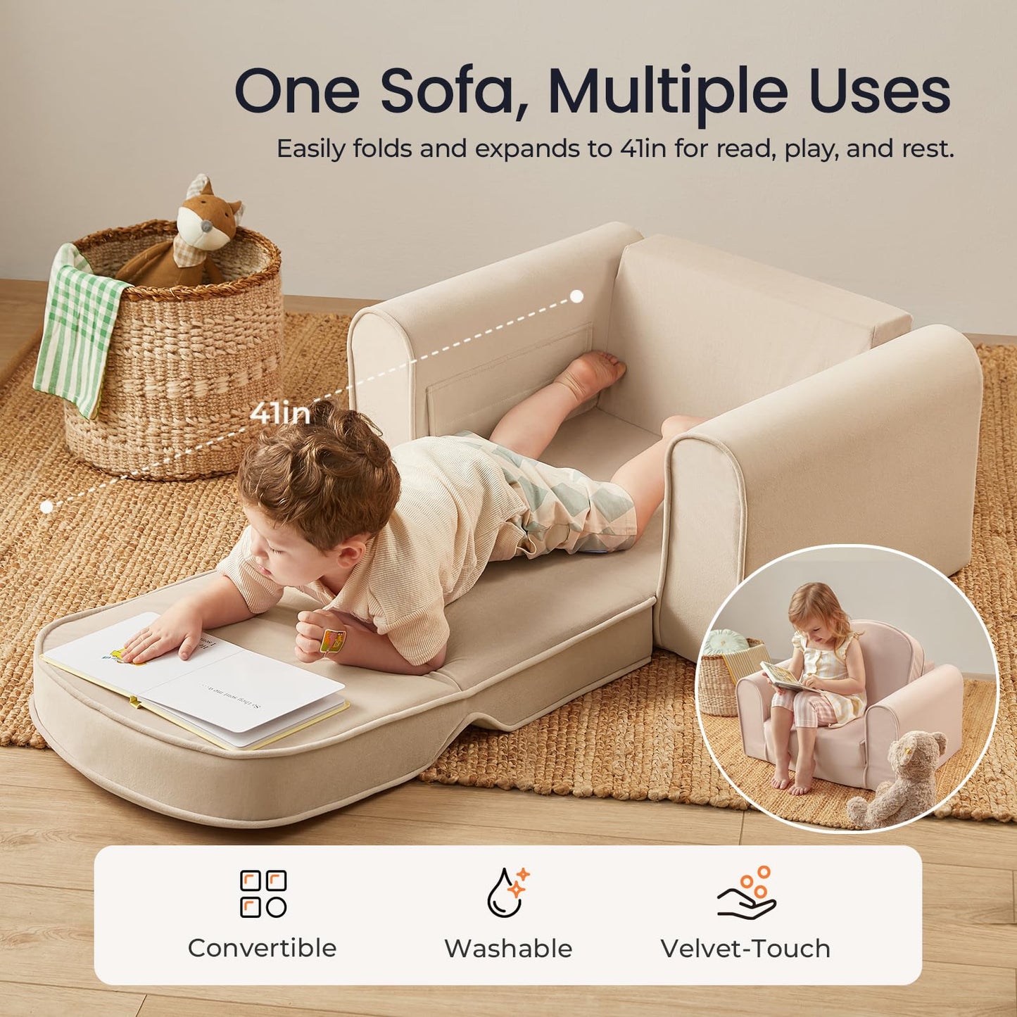 Tiny Land 2-in-1 Foldable Kids Couch with Pockets – Soft Thick Toddler Sofa, Convertible Kids Chair for Playroom, Bedroom or Living Room, Gift for Boys & Girls(Beige)