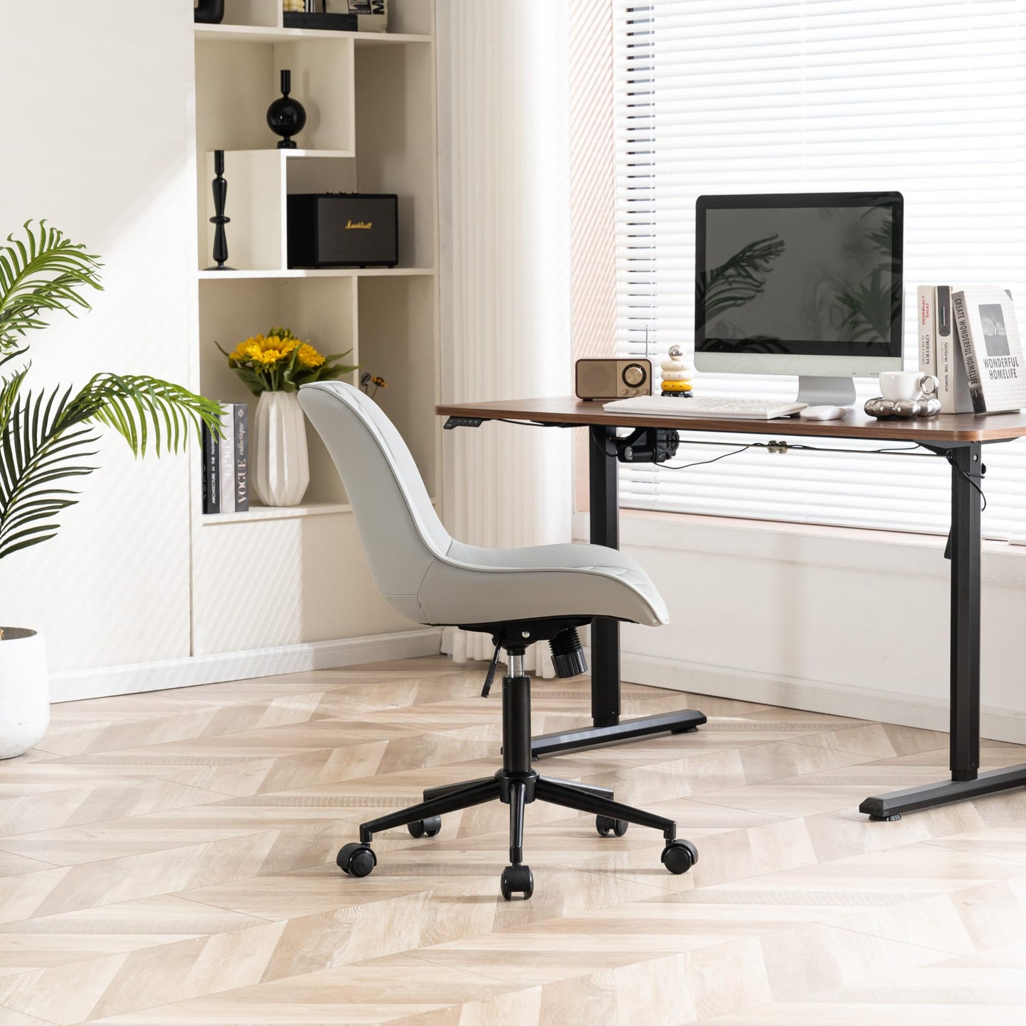 YOUNIKE Faux Leather Ergonomic Office Chair Armless Comfy Desk Chair with Rocking Back Cute Swivel Vanity Chair with Wheels Height Adjustable Small Computer Task Chair for Sewing Drafting Grey