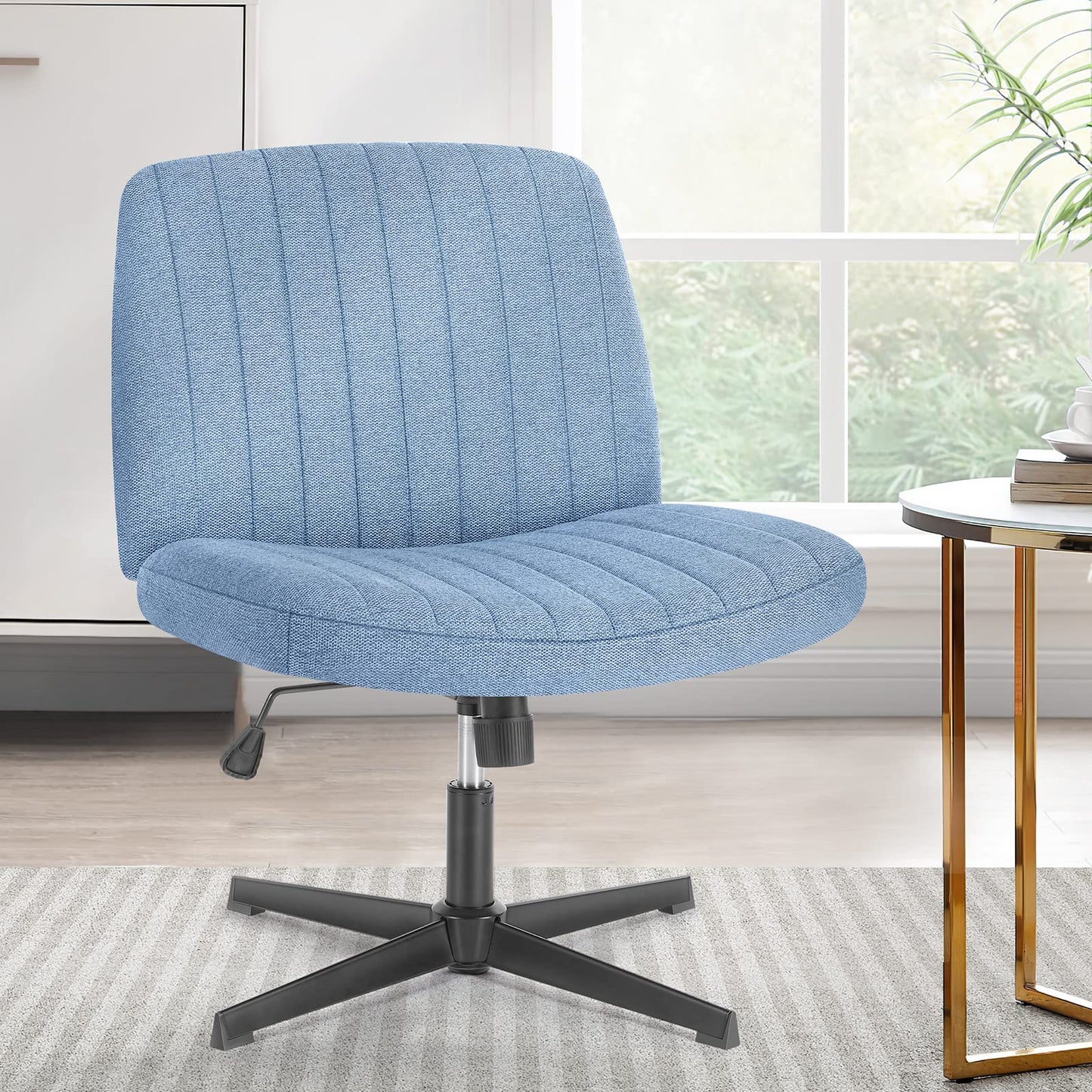 Sweetcrispy Criss Cross Chair Legged, Armless Office Swivel Desk Chairs No Wheels, Vanity Height Adjustable Wide Seat Comfy Cute Computer Task Seating for Home Bedroom,Blue