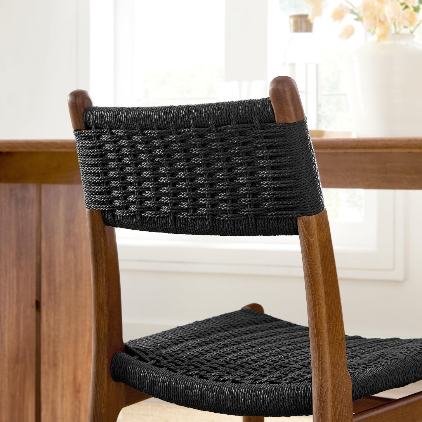 Modway Wynn Wood and Rope Dining Side Chairs Set of 2 in Walnut Black - Armless Kitchen Table Chairs - Modern Mid-Century Accent Chairs for Living Room, Reception Area, Office