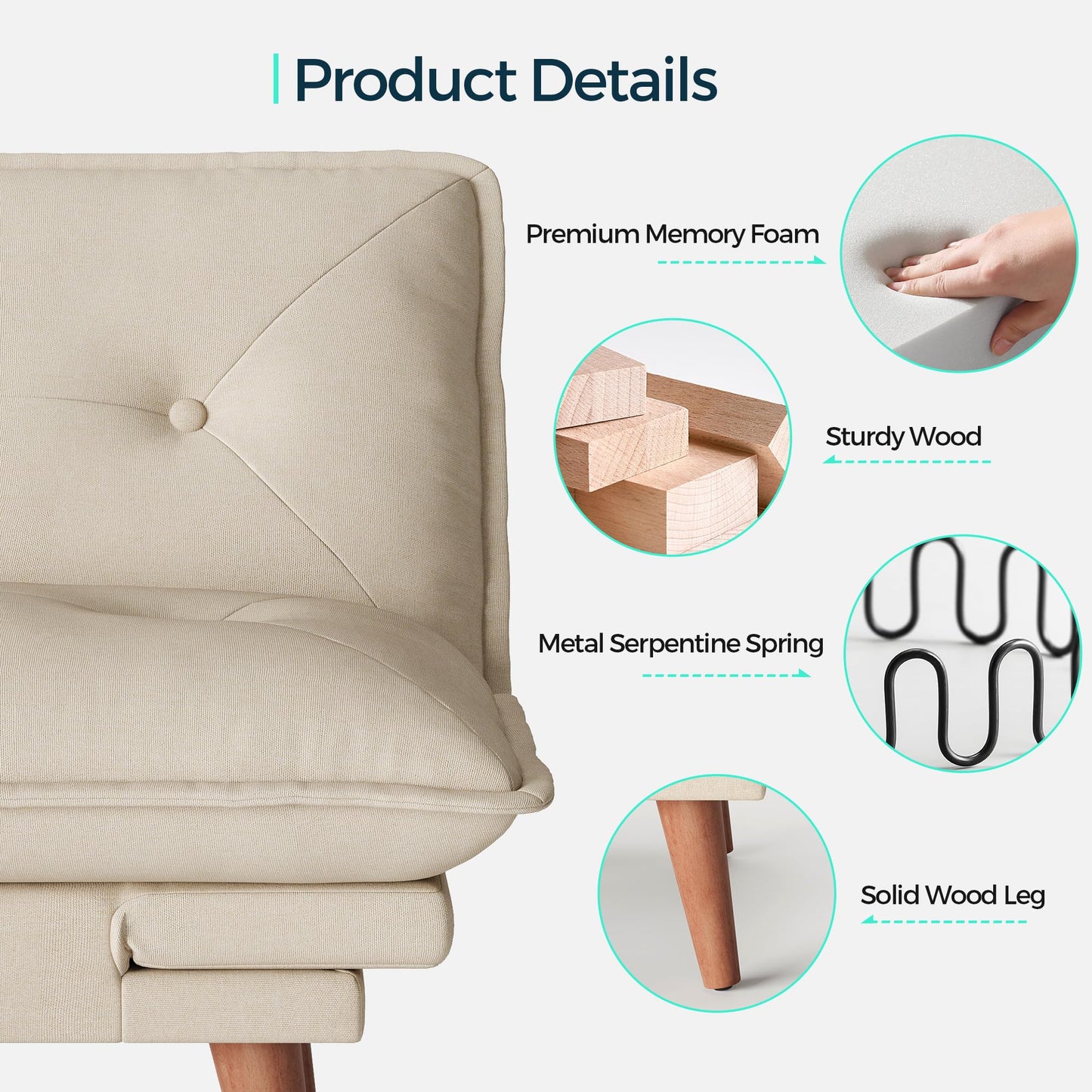 LINSY HOME Futon Sofa Bed, 70" Chenille Futon Couch with Adjustable Backrest Armrest, 3 in 1 Convertible Comfy Loveseat Sleeper Sofa Bed for Small Spaces Dorm Room Apartment Home Office(Khaki)