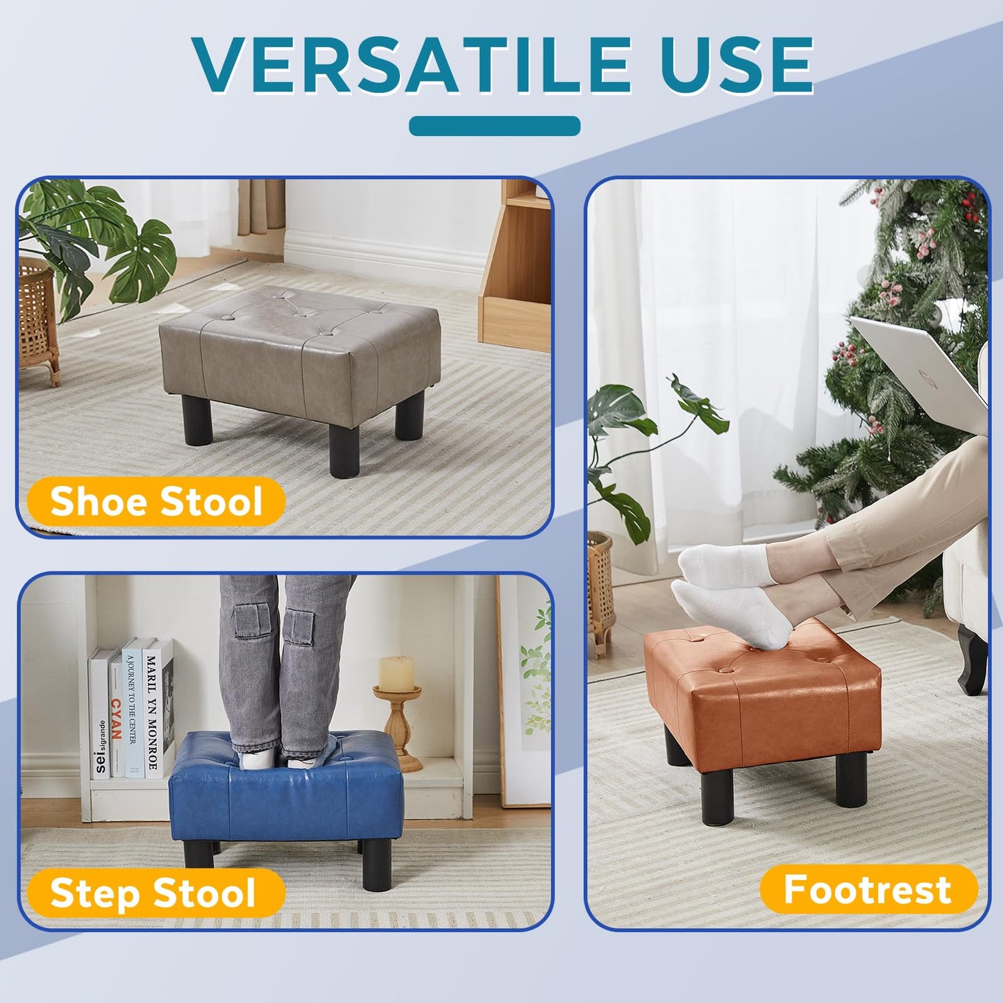 FIMIVIBI Small Foot Stool Ottoman, Faux Leather Footstool Ottoman Foot Rest for Couch, Rectangle Footstools and Ottomans Small for Living Room, Entryway and Bedroom (Bright Brown)
