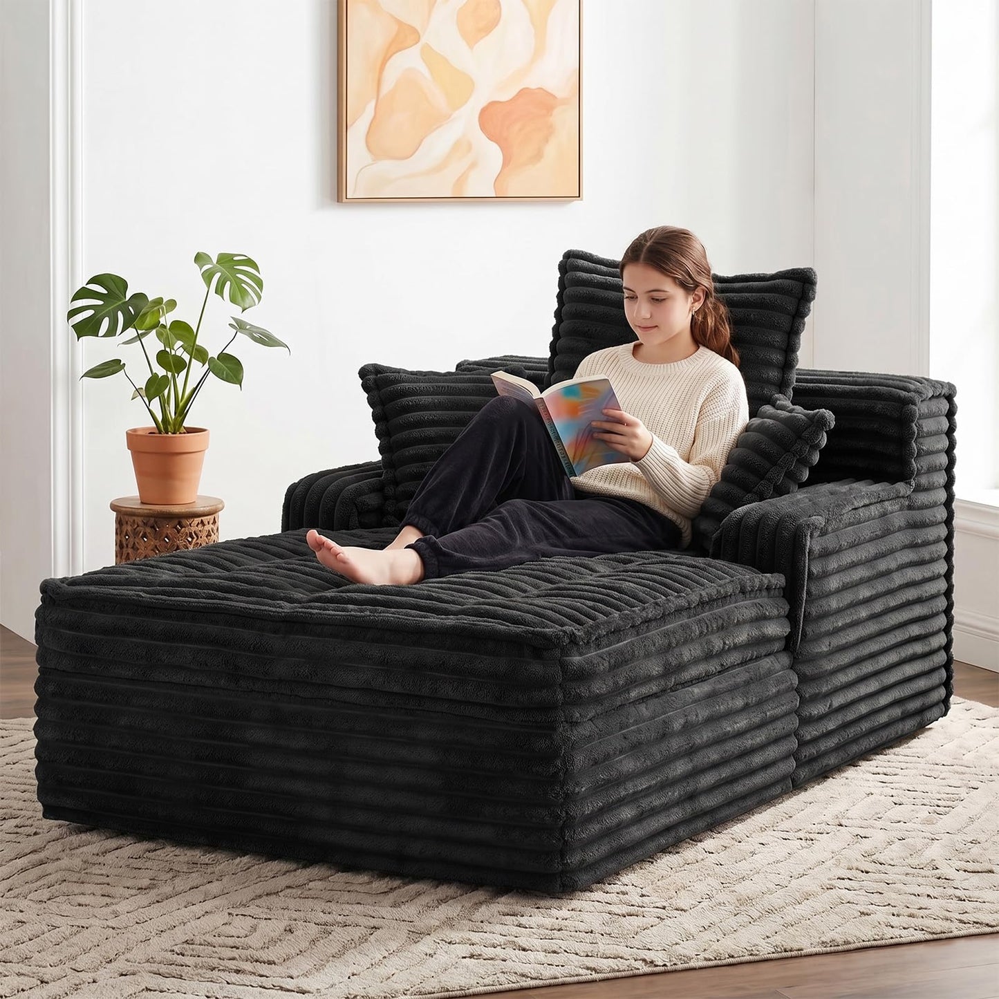 feliz home Boneless Chaise Lounge Couch Indoor, Small Corduroy Upholstered Sleeper Sofa Bed Reading Chairs with 3 Pillows, Fluffy Comfy Cloud Sofas Couches, Compression Boneless Sofa for Small Corner