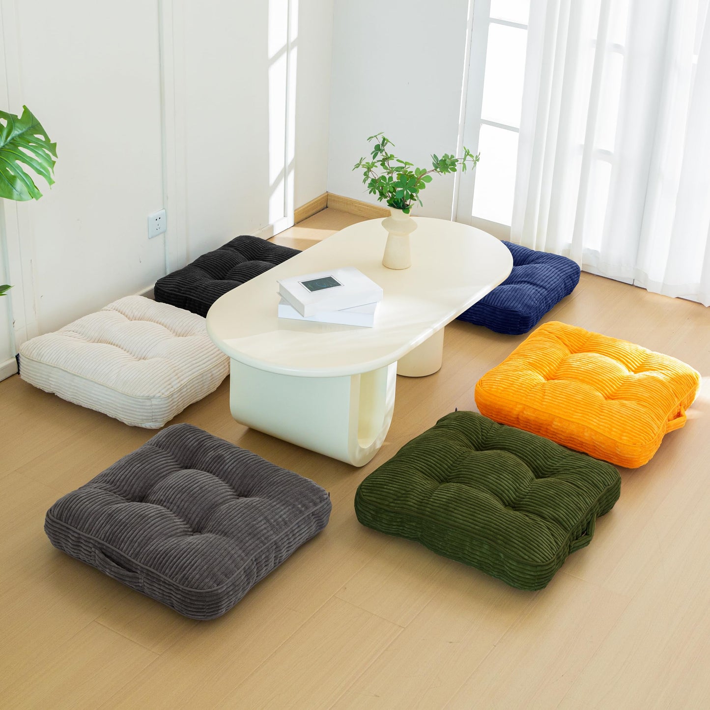 HIGOGOGO Floor Pillow Cushion for Adults, Meditation Cushion Pillow, Large Square Floor Sitting, Tufted Corduroy Cover, for Tatami Living Room or Yoga, Dark Green