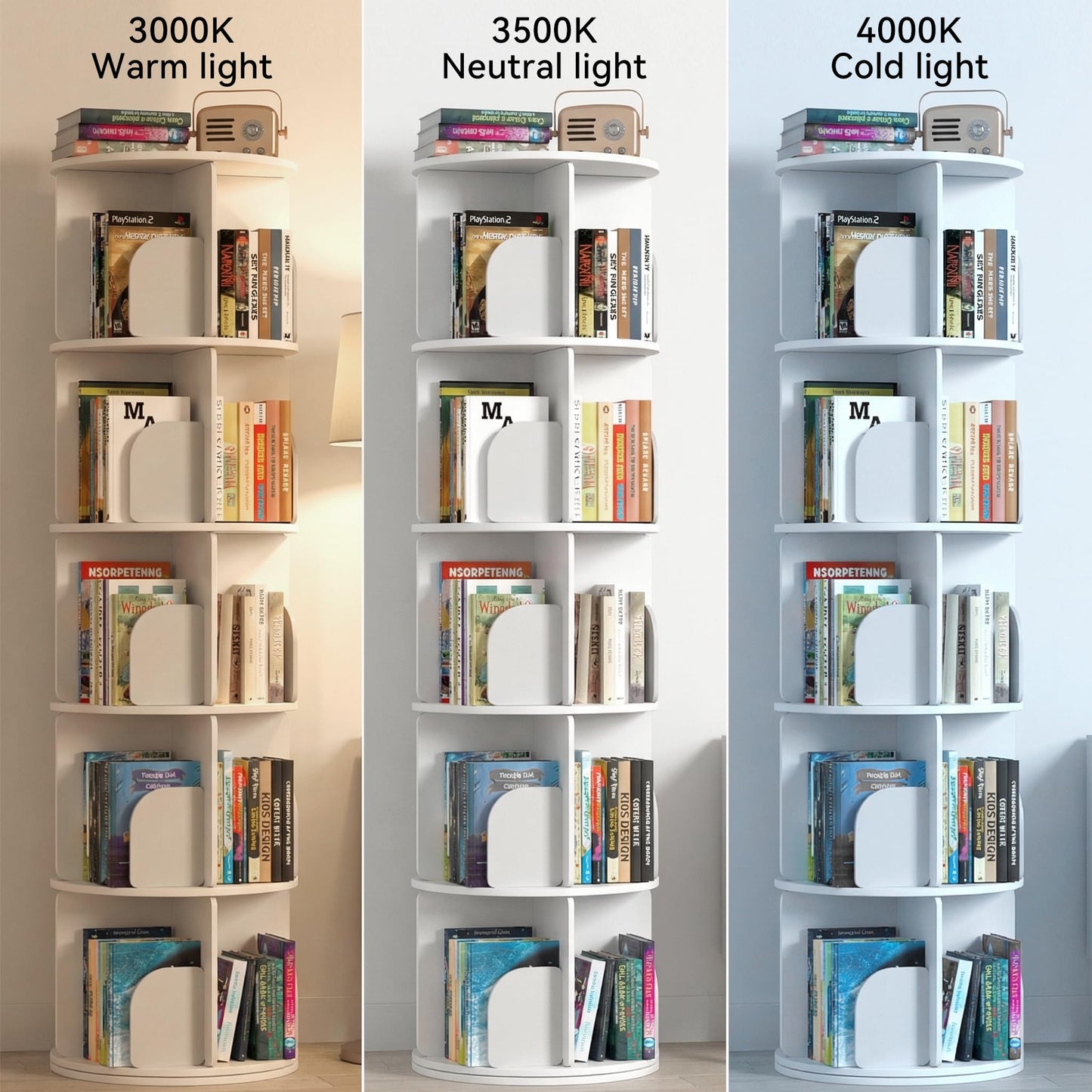 Kryonix Rotating Bookshelf, Spinning Bookshelf Tower 4 Tier, 360° Revolving Bookcase Lazy Susan, Multi-Functiona Corner Round Turning Book Shelf Organizer for Small Spaces(Off-White)