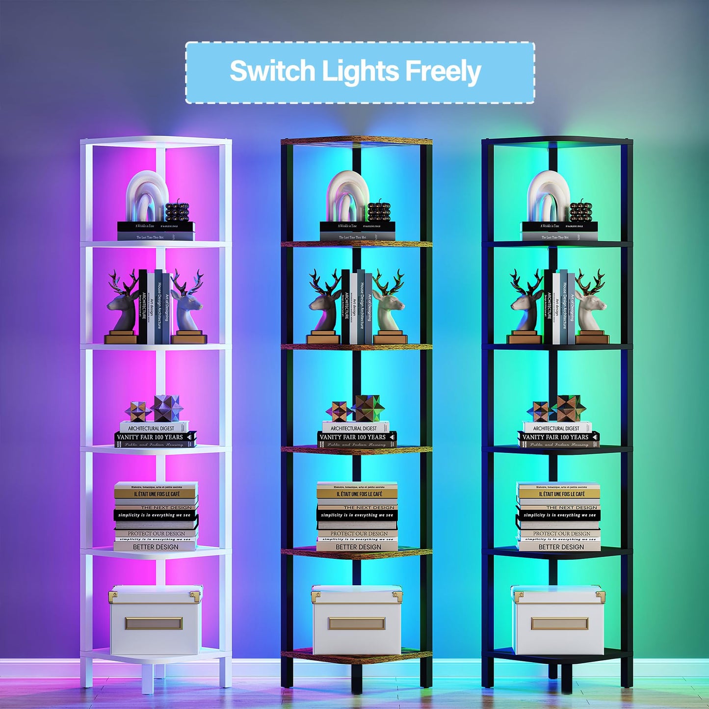TUTOTAK Corner Shelf with LED Light, 6-Tier Corner Bookshelf for Small Space, Narrow Display Corner Shelf Stand with Storage Rack, for Living Room, Bedroom, White BS08BW006L