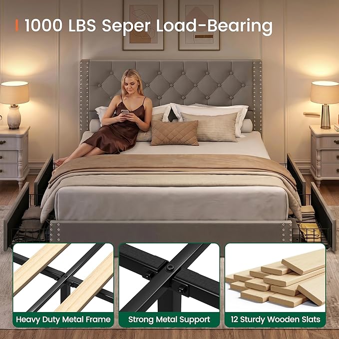 LARMACE Full Size Bed Frame Upholstered Platform Bed