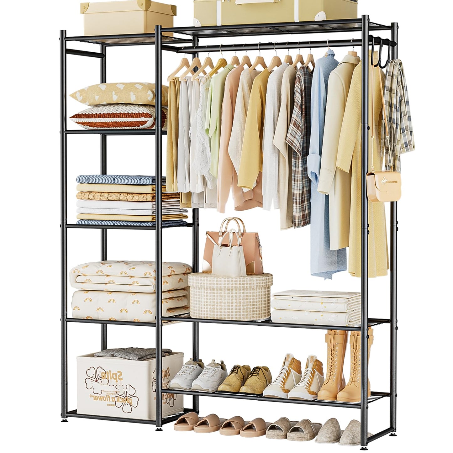 Neprock Wardrobe Closet, Portable Clothing Rack for Hanging Clothes, Free Standing Closet Organizers and Storage System with 4 Tiers Shelves for Cloakroom Bedroom,Black