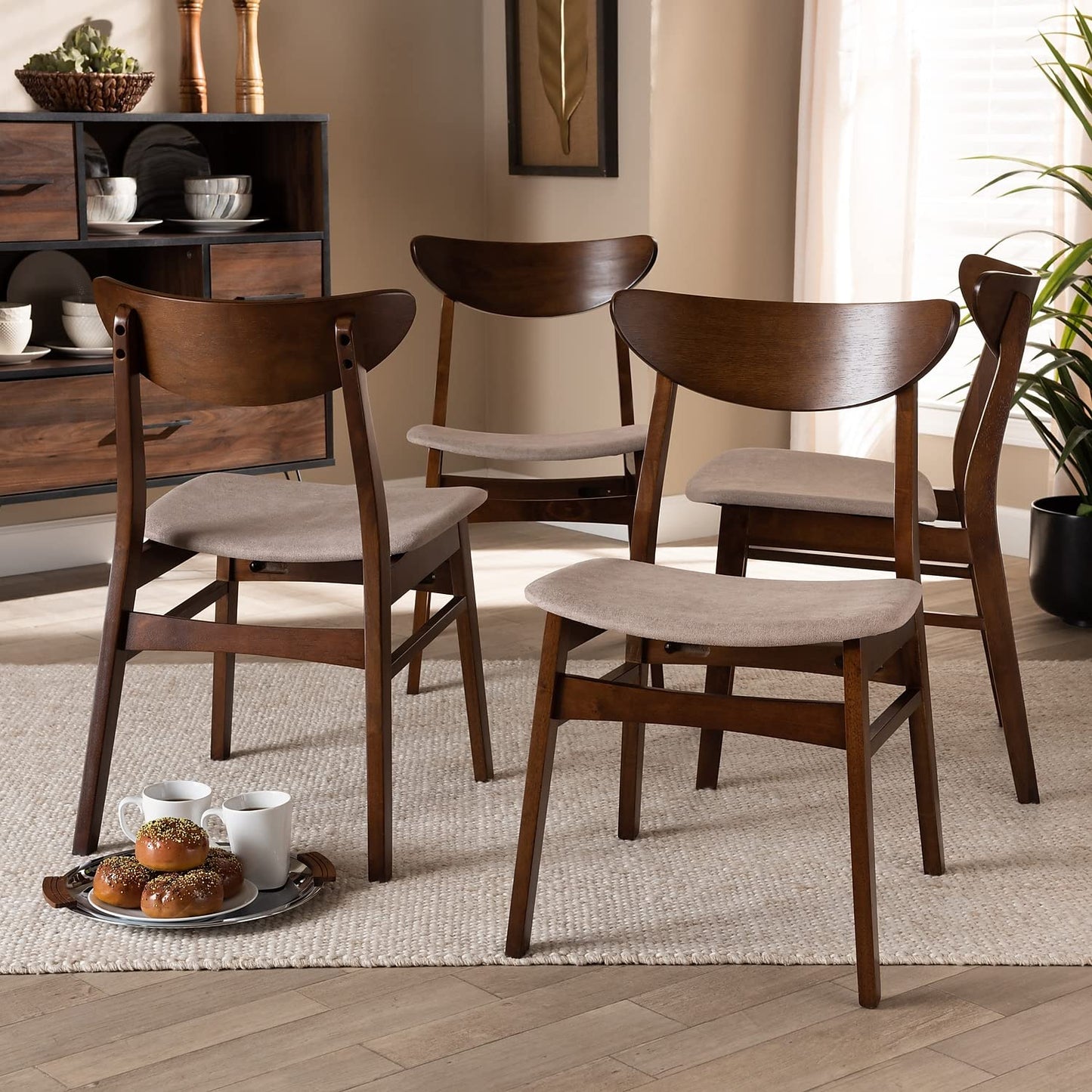 Baxton Studio Parlin Mid-Century Modern Transitional Light Beige Fabric Upholstered and Walnut Brown Finished Wood 4-Piece Dining Chair Set