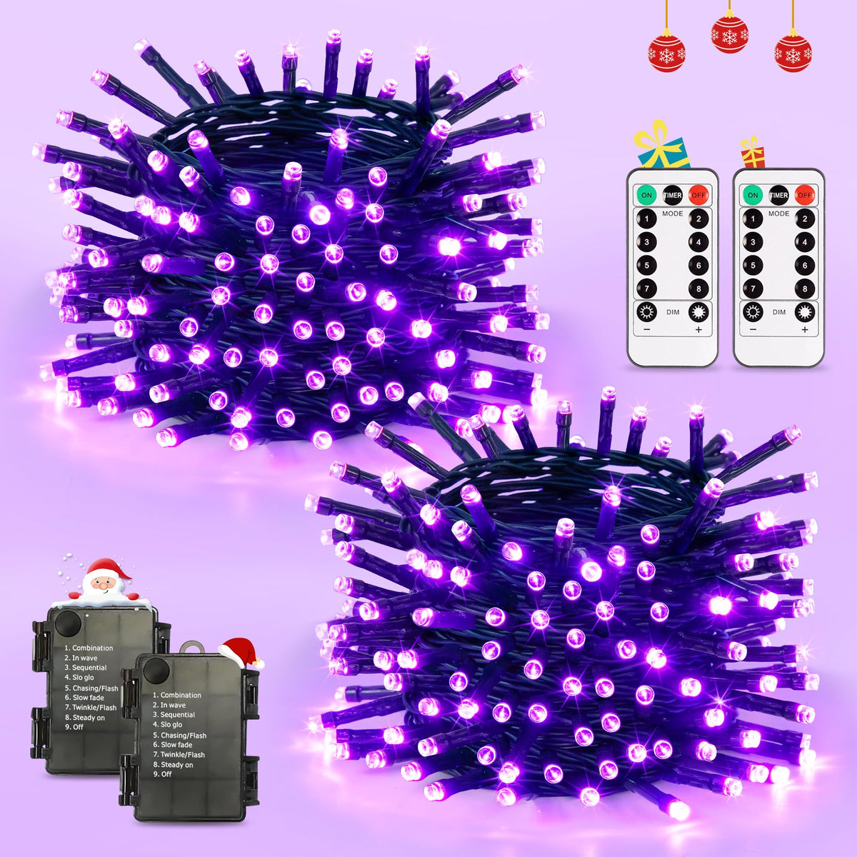 JMEXSUSS Purple Christmas Lights Battery Operated, 2 Pack 100 LED Outdoor Purple String Lights Waterproof, Each 33 FT Christmas Tree Light Indoor for Halloween Decorations Party Porch Garden Decor