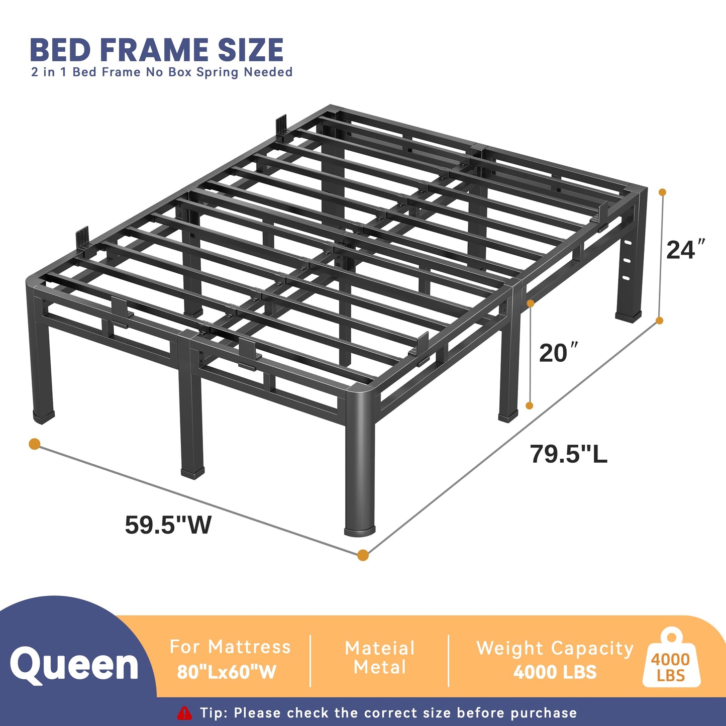 Anyroom Bed Frame Queen Size 24 Inch Tall, Double Layer Heavy Duty Metal Platform 4000 lbs Capacity, Bed Frames with Headboard Holes，Round Corner Legs, Mattress Slide Stopper, Easy Assembly