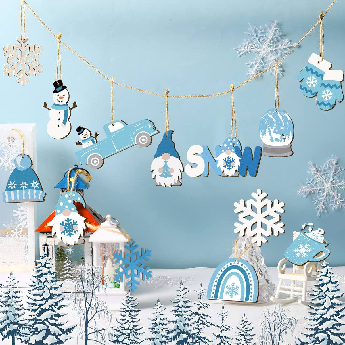 Chunful 36 Pieces Winter Frost Wood Ornaments Ice Bear Cedar Snowflake Glove Truck Hello Winter Ornaments Mini Welcome Christmas Tree Hanging Sign Decorations