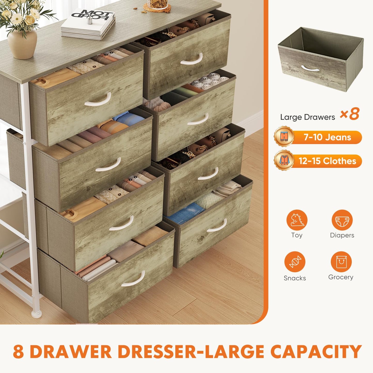 Sweetcrispy 8 Drawer Dresser for Bedroom Large Fabric Storage Tower Organizer Chest of Drawers with Metal Frame and Wooden Top for Nursery Closet Living Room Entryway, Oak Finish