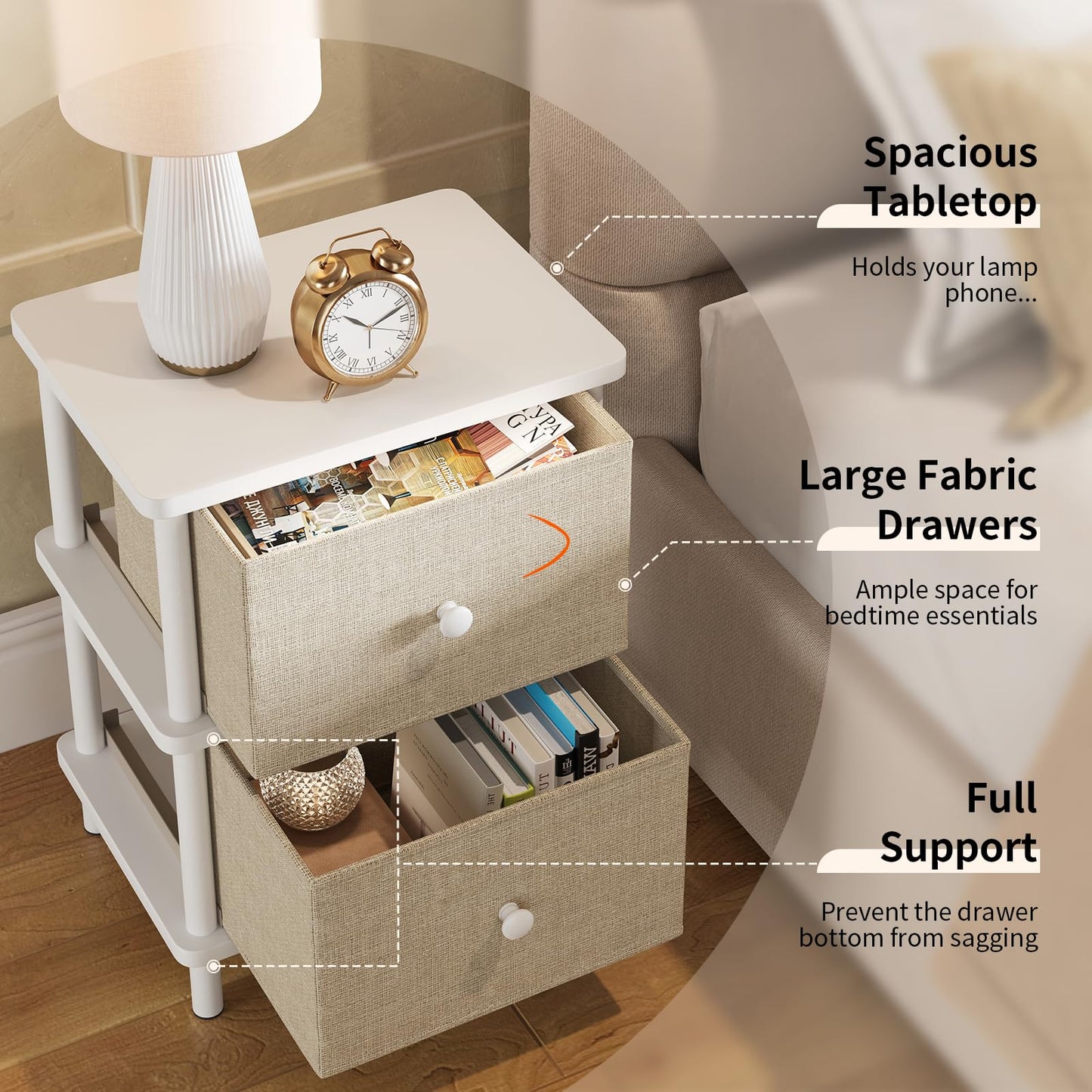 Apicizon Nightstand with 2 Storage Drawers, Boho Side Table with Solid Wood Legs, End Table for Small Spaces, Bedroom, Living Room, Entryway, White