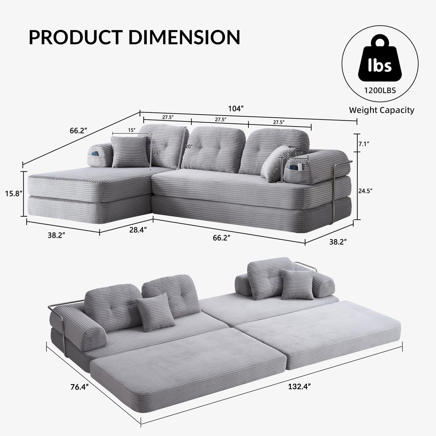 YasuSoofa Boneless Sectional Couch with Chaise, Convertible L-Shape Floor Sleeper with High Headrest, Modular Sofa Bed for Living Room Apartment, No Assembly, Beige
