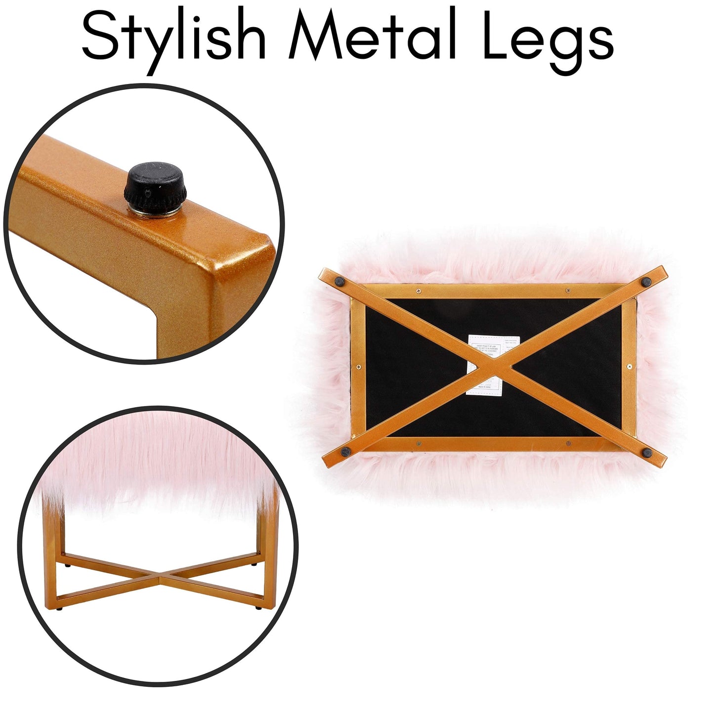 BIRDROCK HOME Rectangular Faux Fur Vanity Foot Stool Ottoman with Metal Legs - Small Soft Padded and Fluffy Makeup Seat or Foot Rest for Bedroom, Desk, or Dressing Table (Pink and Pale Gold)
