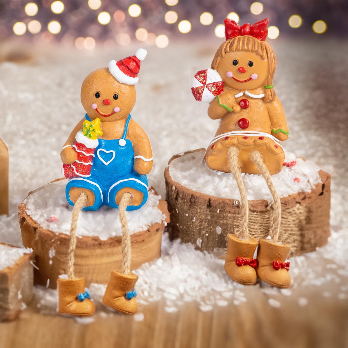 Dazzle Bright Christmas Figurines, Set of 2 Resin Gingerbread Man Sitters with Dangling Legs, Xmas Table Fireplace Shelf Sitters Decorations Sitting Figurines Ornament for Indoor Home Decor