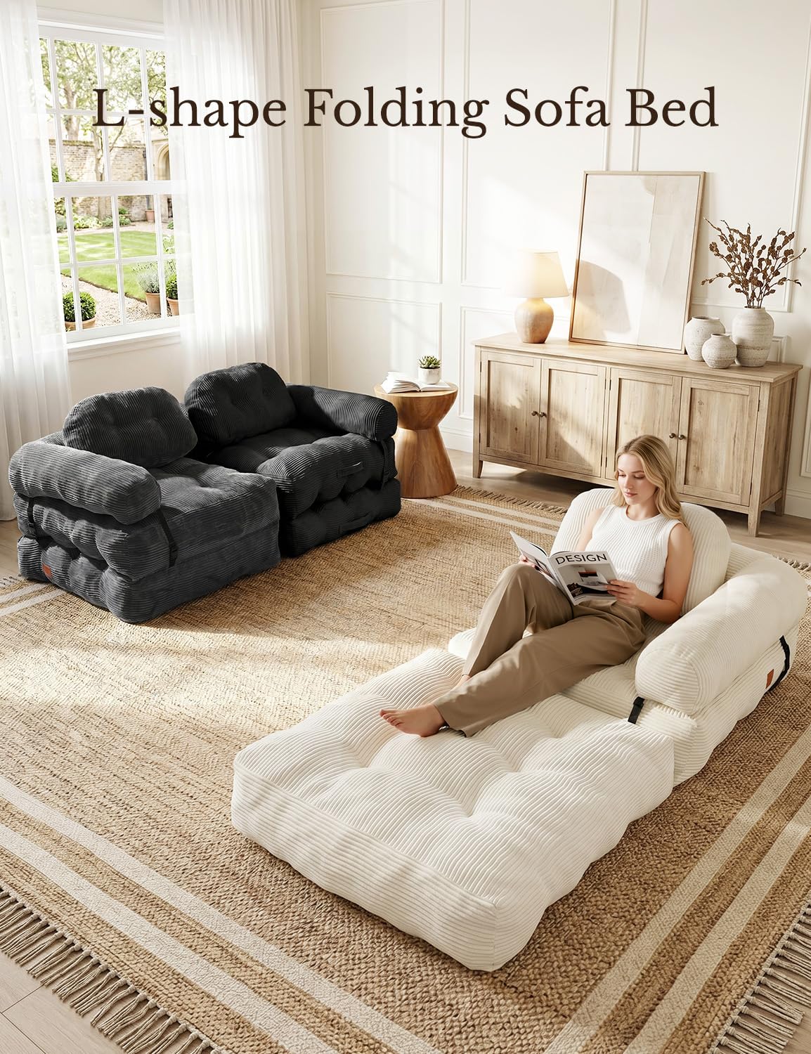 Vellorise Folding Sofa Bed, L-Shaped Couch Back Support and Arm Pillow Futon, Convertible Sofa Bed for Living Room/Guest Use/Home Office, Boneless Foldable Couch for Adults, Dark Gray