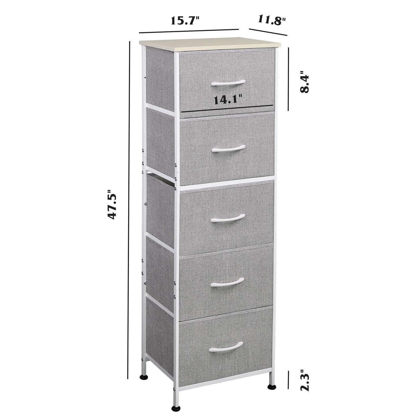 WLIVE Fabric Dresser, 5-Drawer Tall Dressers for Bedroom, Storage Dresser Organizer with Fabric Bins, Wood Top, Sturdy Steel Frame, Chest of Drawers for Closet, Hallway, Light Grey