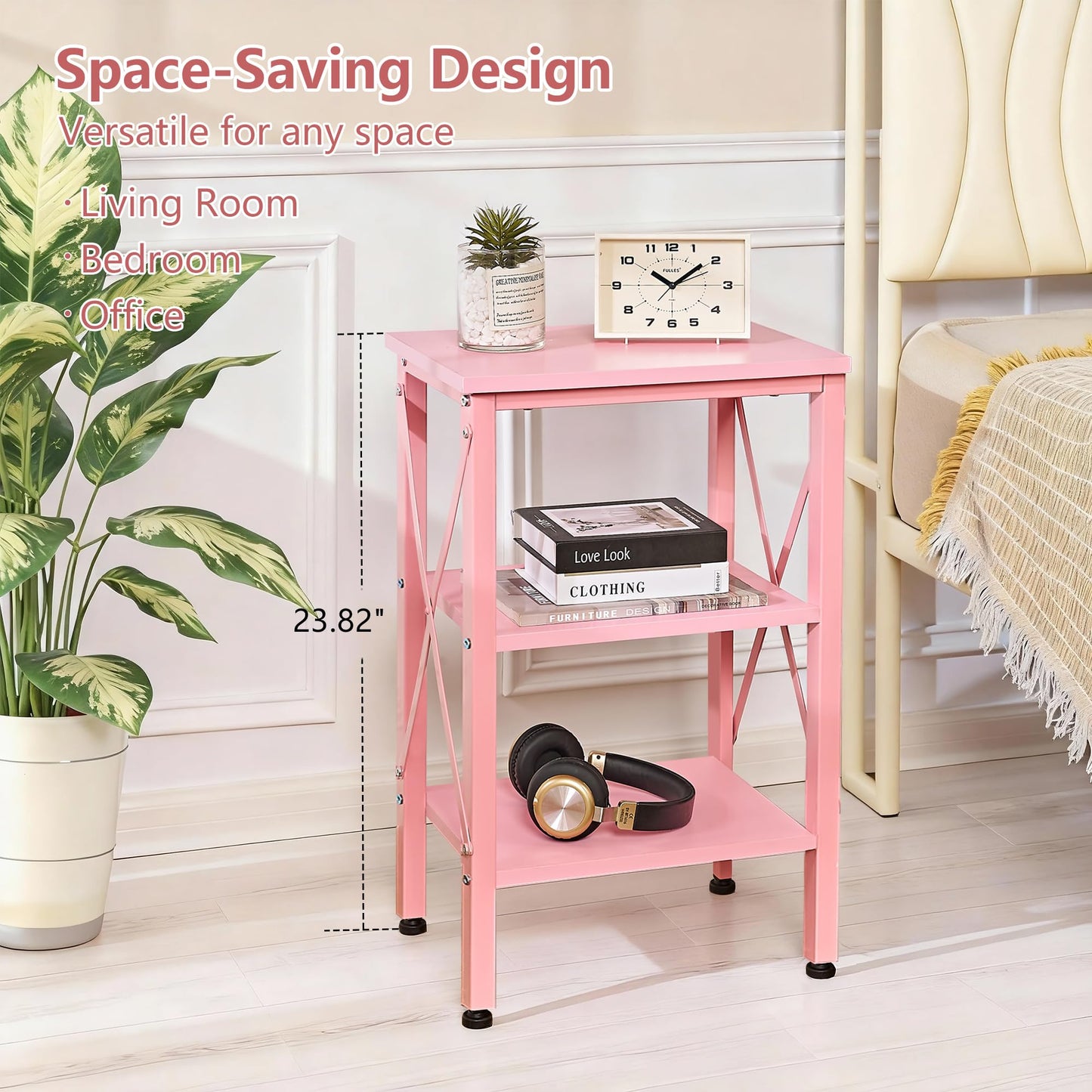 VECELO End Table Set of 2, Bedside Table, 24" Tall Living Room End Tables, X-Design Reinforced Nightstands, Side Table with 3-Tier Storage Shelves for Small Spaces, Office, Bedroom, Pink