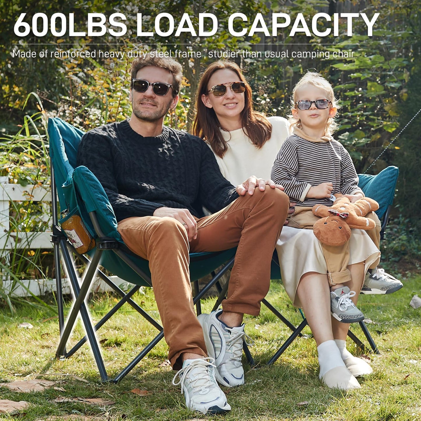 EVER ADVANCED Double Camping Chair for Adults, Padded Folding Camping Love Seat with Side Pocket Portable Camping Couch, Two Person Heavy Duty Folding Outdoor Chair with Cushion,Support 600lbs,Green