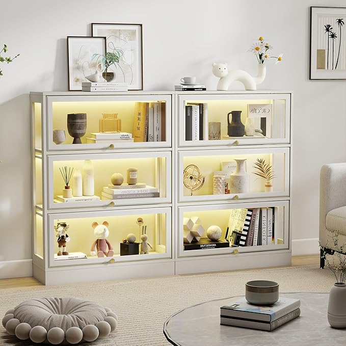 Display Cabinet with Acrylic Glass Doors, 3-Tiers Curio Cabinet with LED
