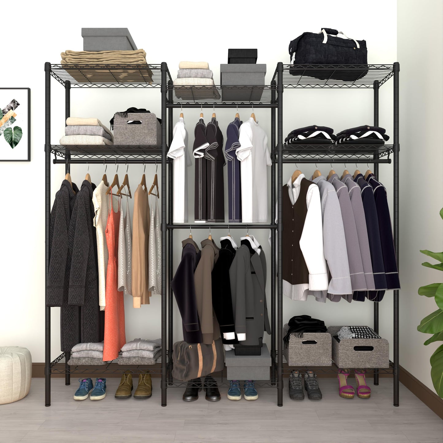 Serxis Heavy Duty Clothes Rack,Freestanding Clothing Shelf,Metal Garment Rack,Adjustable Custom Closet Shelf, 75" L x 13.8" W x 75.2" H, Max Load 800LBS, Large(Black)