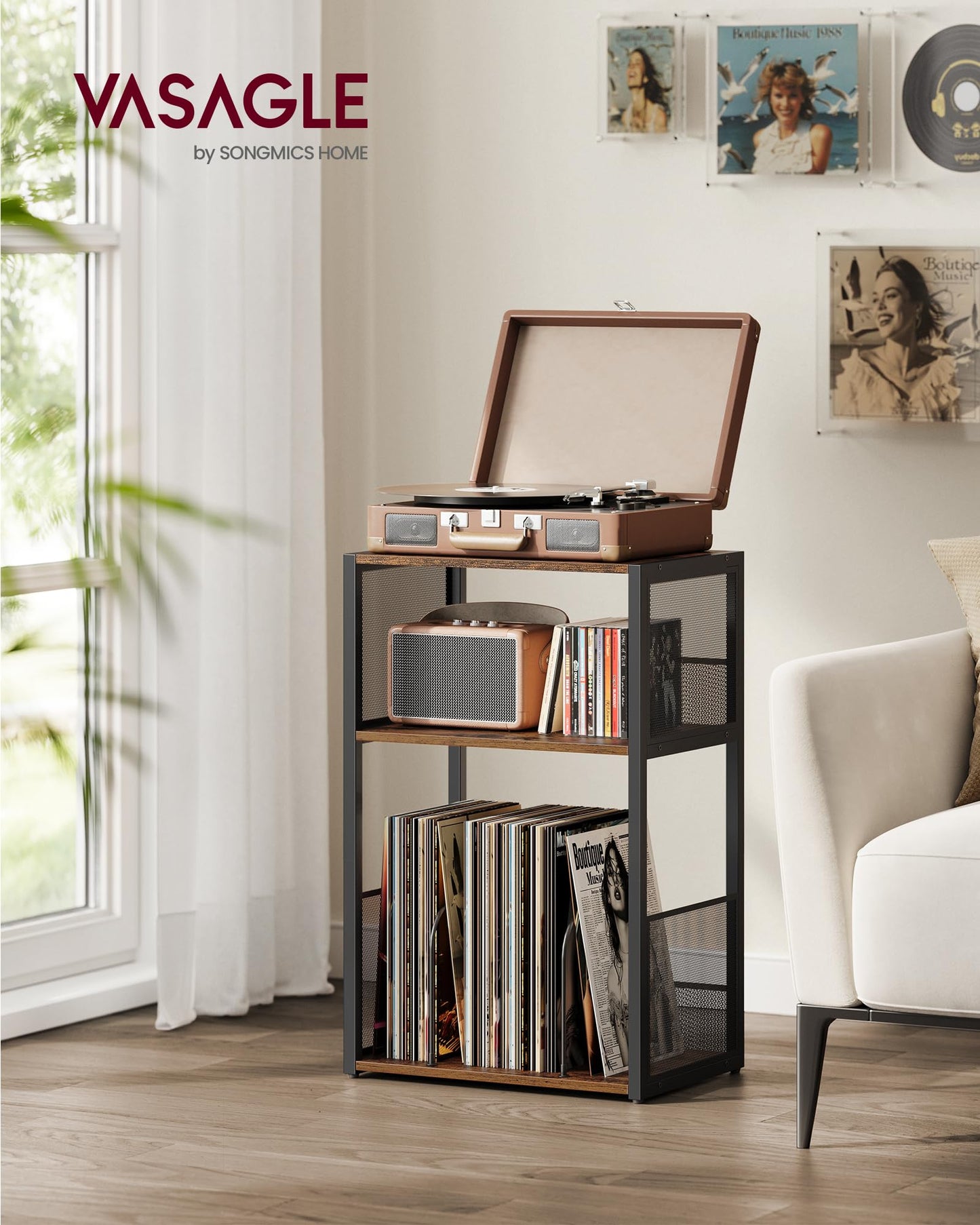 VASAGLE Record Player Stand, 3-Tier Side Table, Vinyl Record Storage up to 100 Albums, End Table for Living Room, Bedroom, Rustic Brown ULET275K01