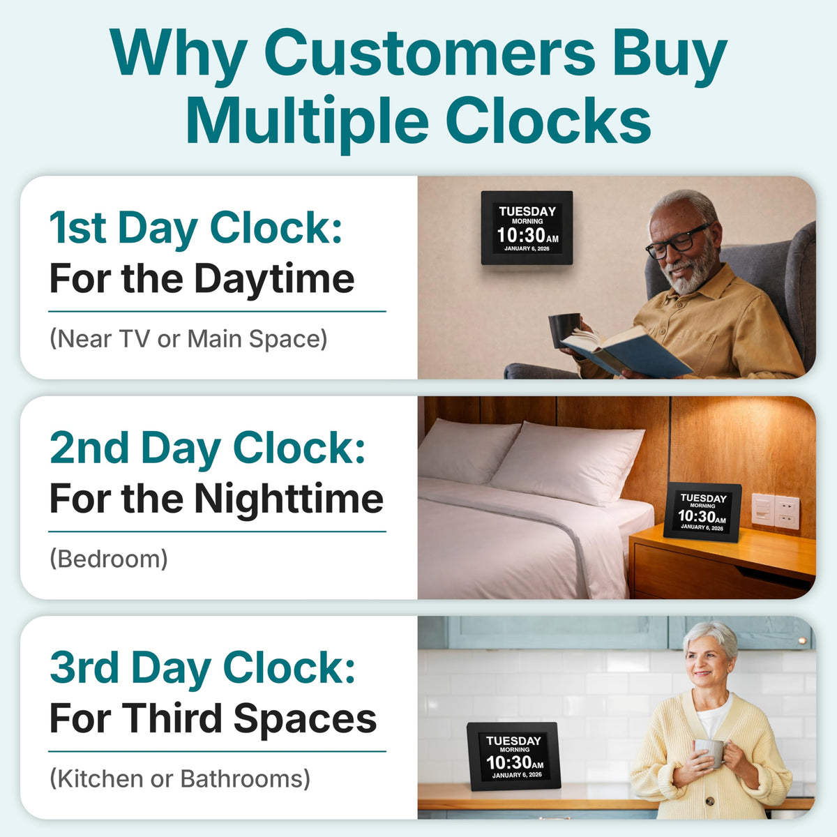 American Lifetime Large Digital Clock for Seniors, Black, 8 inch, with Day & Date, Customizable Alarms, Auto-Dimming, Multi-Language Support, Battery Backup, Easy Setup, and Gift Option