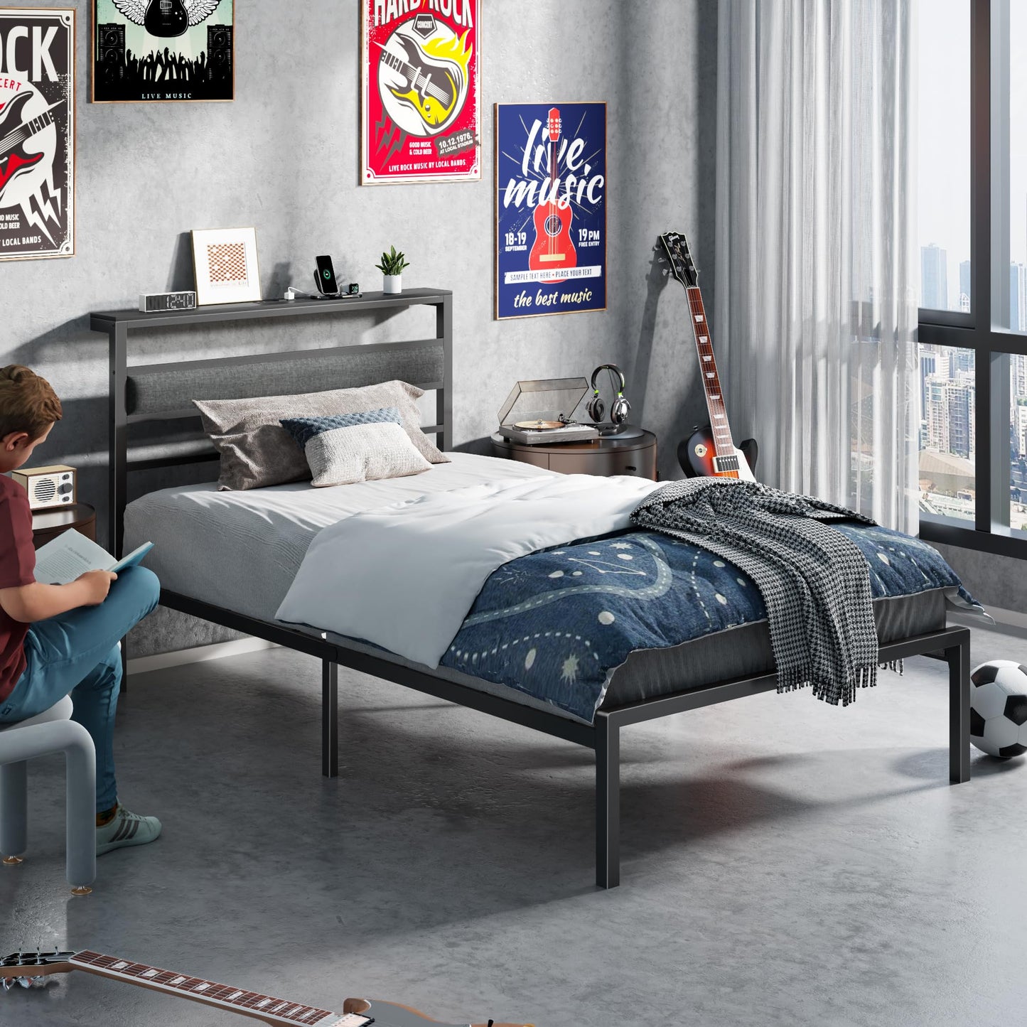 OURPIC Twin Bed Frames for Kids, Metal Platform Bed Frame Twin Size with Charging Station and LED Lights, Upholstered Headboard and Storage Shelf, No Box Spring Needed, Easy Assembly