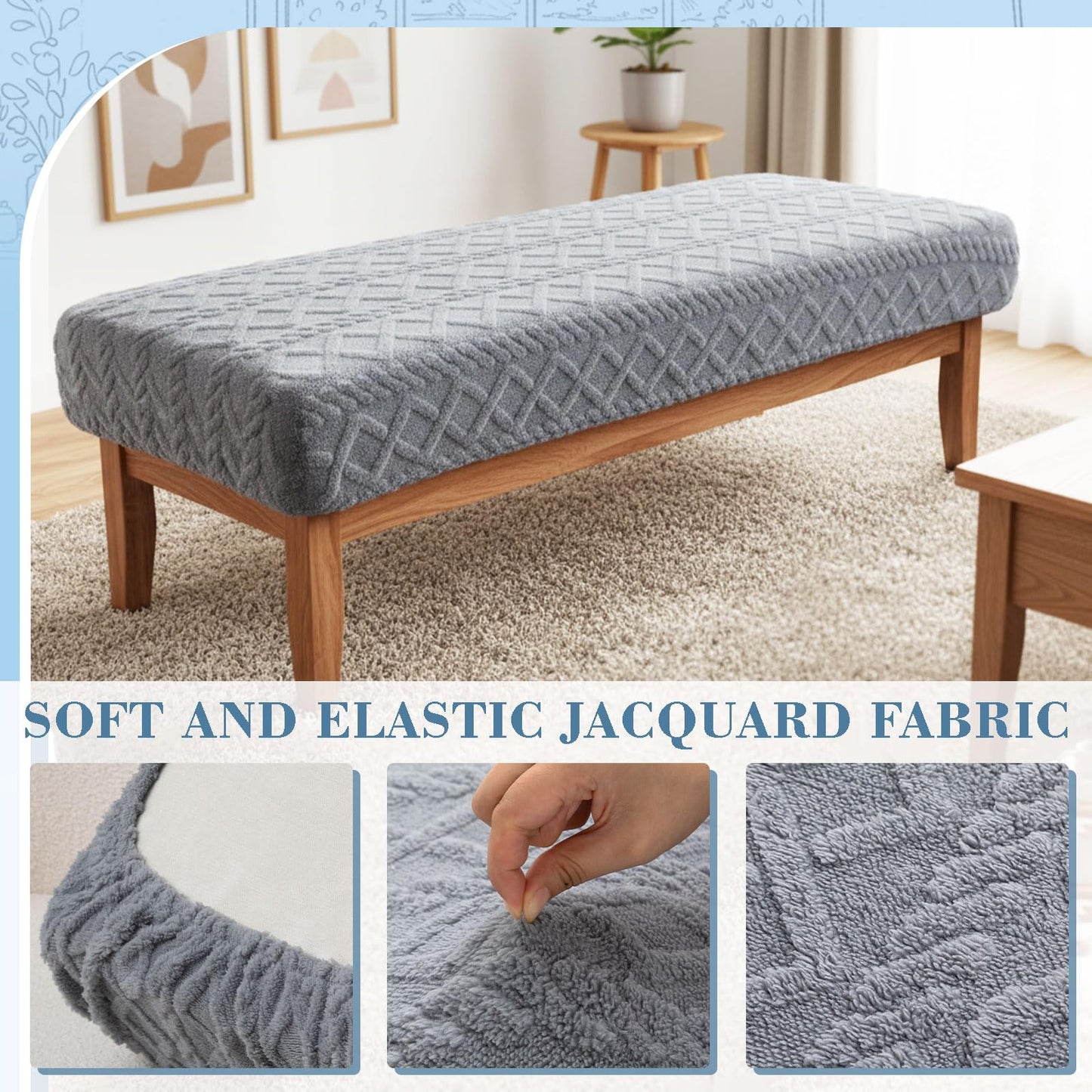 Gilprop Stretch Jacquard Dining Bench Cover, Slipcover Rectangle Soft Seat Protector Cover Dustproof Removable for Dining Room Living Room Bedroom Kitchen Hotel Fits 39.4~55.1 Inch Benches(Gray)