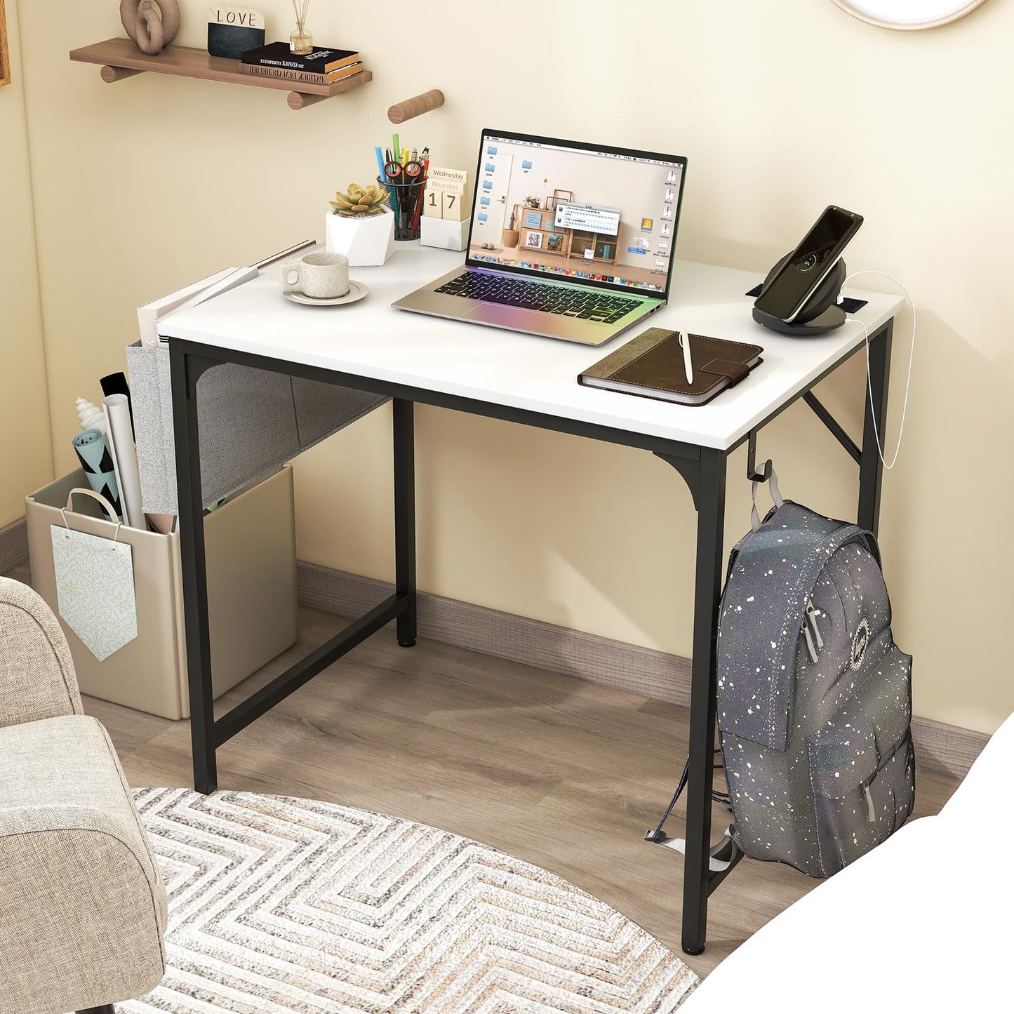 Giantex 32 Inch Computer Desk with Charging Station, Home Office Writing Desk with Storage Bag & Headphone Hook, Compact Gaming Table PC Workstation, Modern Simple Laptop Desk for Bedroom, Study