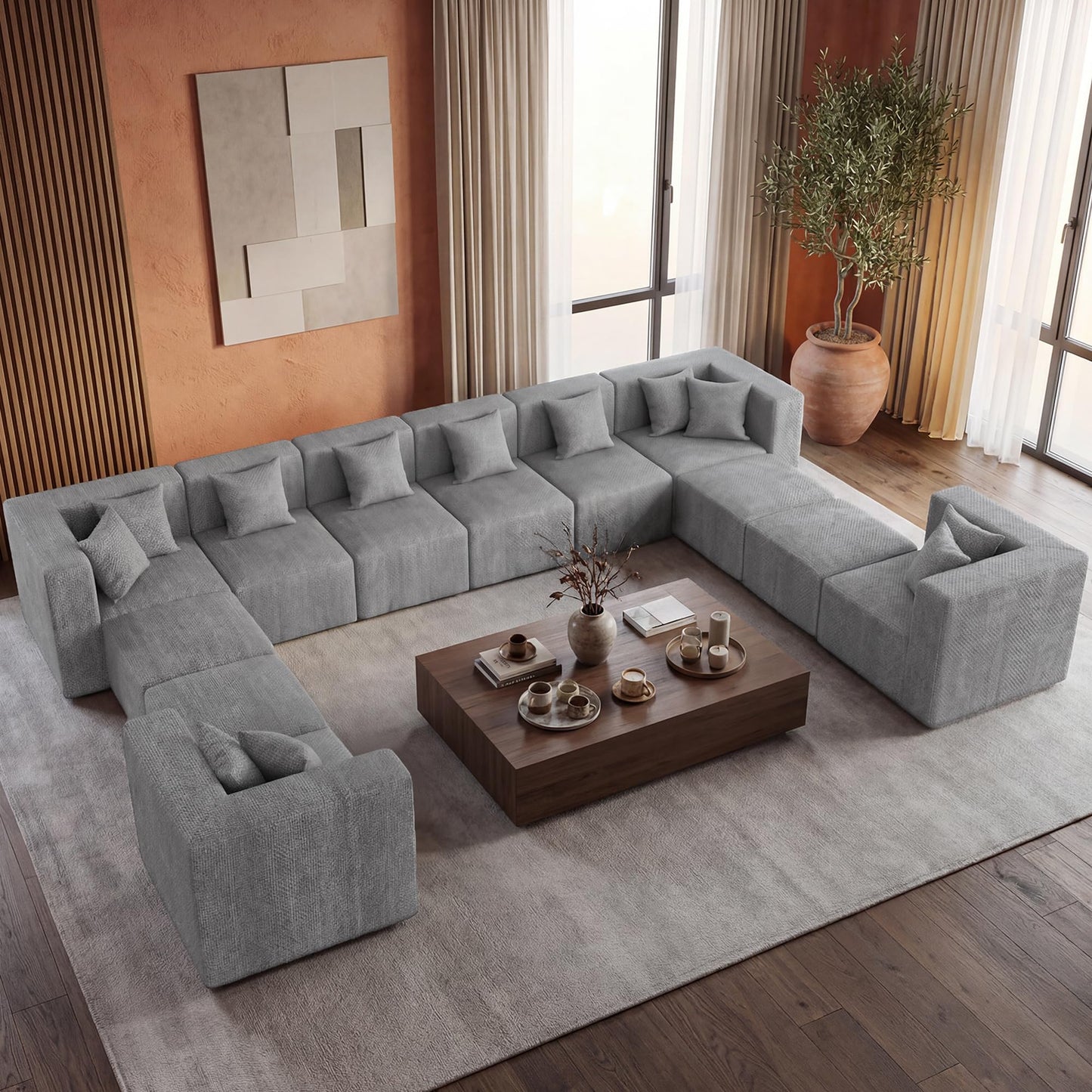 MONVANE Modular Sectional Sofa, Oversized 12 Seat Convertible U Shaped Couch with Ottoman, Comfy Chenille Cloud Couch with Pillow, Sectional Couches for Living Room, No Assembly Required, Light Grey