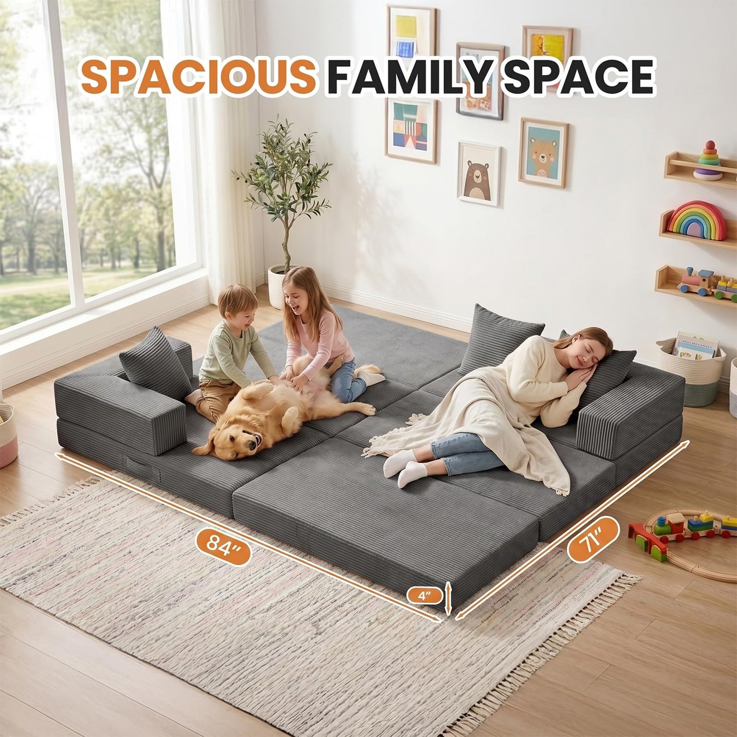 Boneless Couch Small,Convertible Sleeper Sofa Bed, Modular Sectional Sofa, Modern Tri-Folding Cloud Couch with L-Shape Chaise, Corduroy Futon Couches for Small Spaces Apartment,No Assembly
