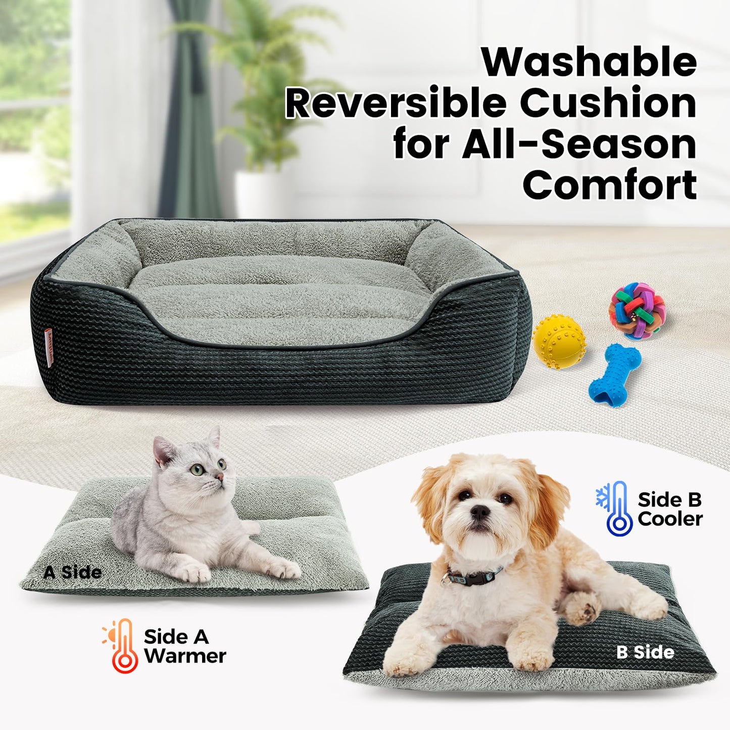 Miguel Dog & Cat Bed with Removable Cushion/Pillow - Washable, Anti-Slip, Dark Gray, 30 Inch Rectangle for Medium/Small Dogs & Cats