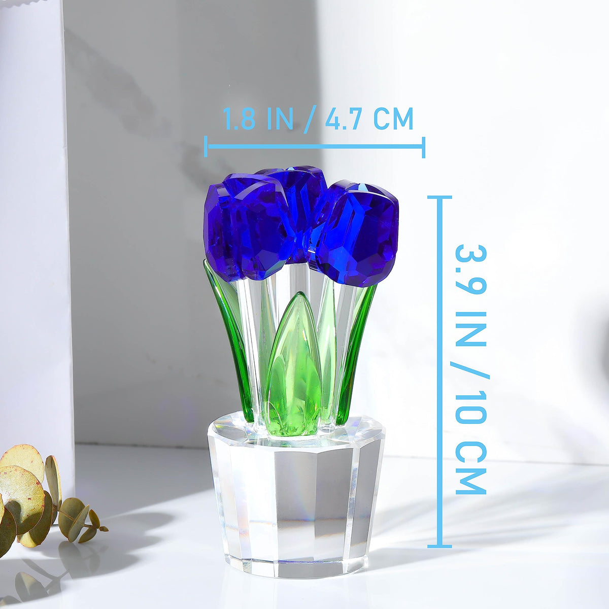 Qianwei Crystal Tulips Flowers Figurine Blue with Vase - Glass Flower Bouquet Collectible Figurines Crystal Office Home Decor Paperweight - Tulip Gifts for Women Mom Bestfriend Wedding Anniversary