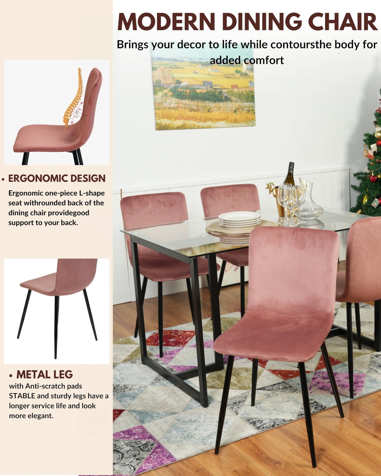 FurnitureR Scandinavian Dining Chairs Set of 4, Comfy Side Chair with Velvet Seat Sturdy Metal Legs for Kitchen Living Bed Room, Rose