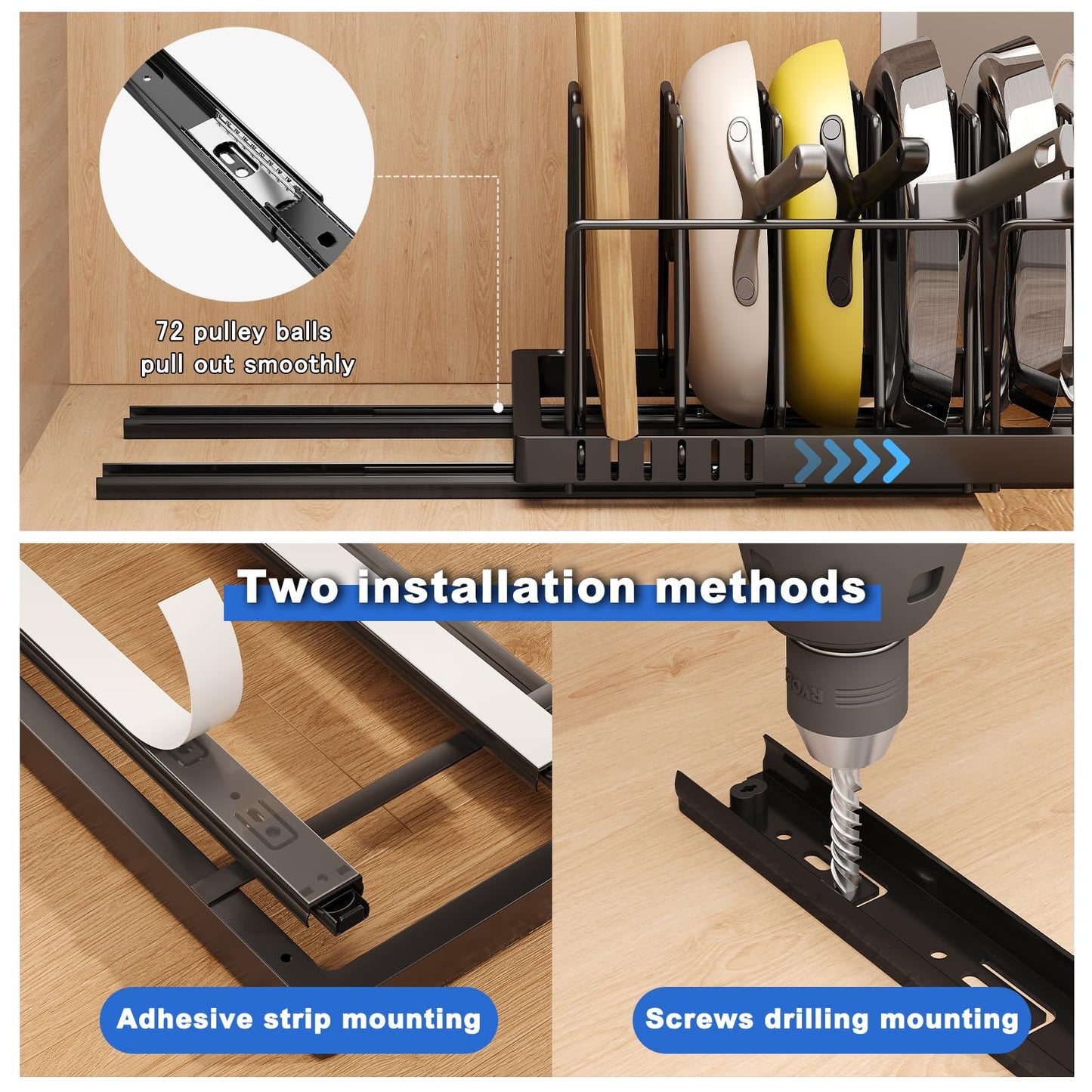 Mustorn 2 Pack Pots and Pans Organizer Under Cabinet, 21.6" Deep Pull Out Pot Lid Organizer Holder with Guardrail Adhesive Pot and Pan Holder Rack with 10 Adjustable Dividers(Black)