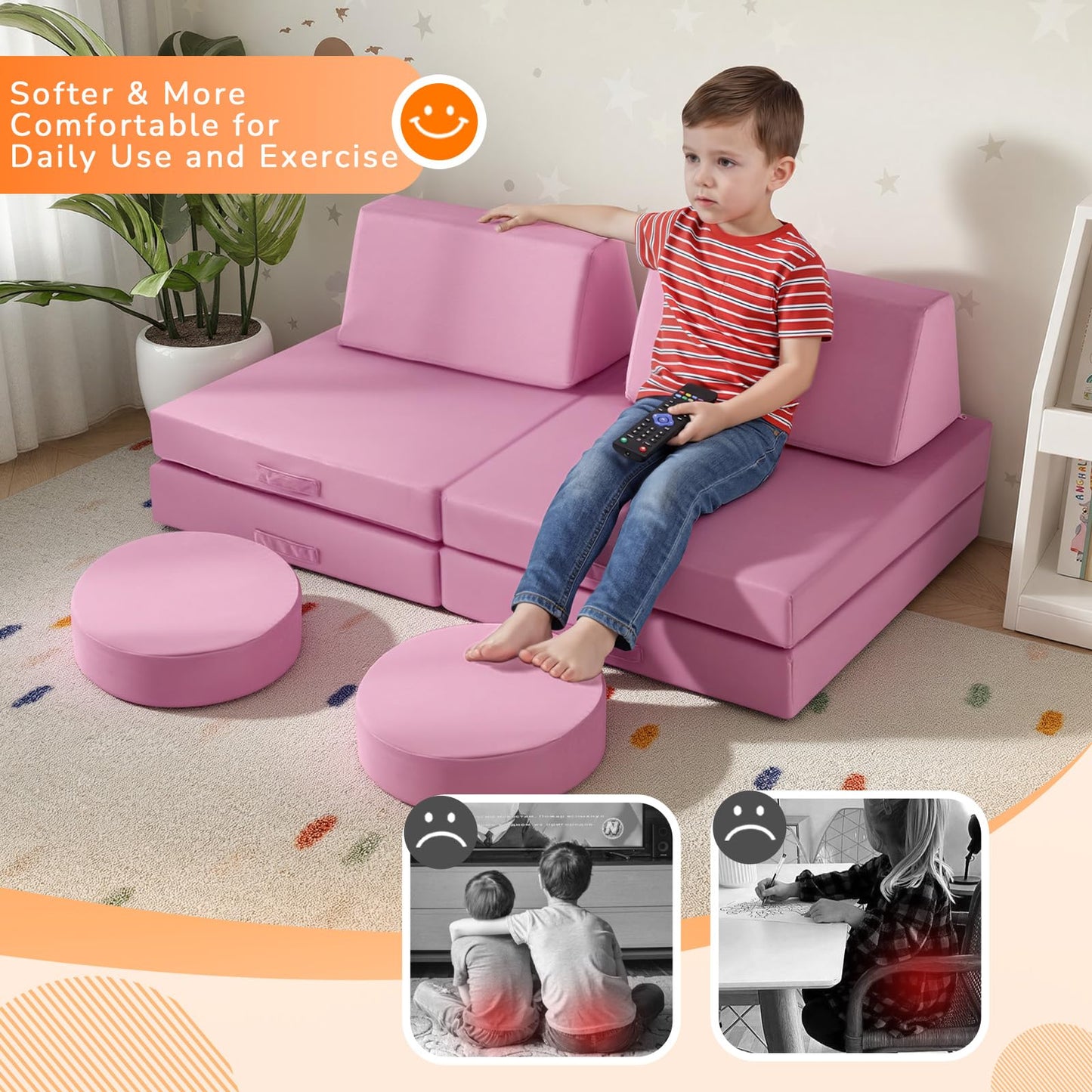 MeMoreCool Kids Couch, Dusty Rose Modular Foam Play Couch, Ages 3+