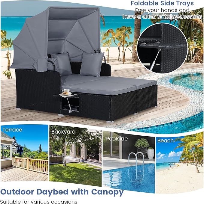 COSTWAY Outdoor Daybed with Retractable Canopy, Wicker Patio Furniture Set with