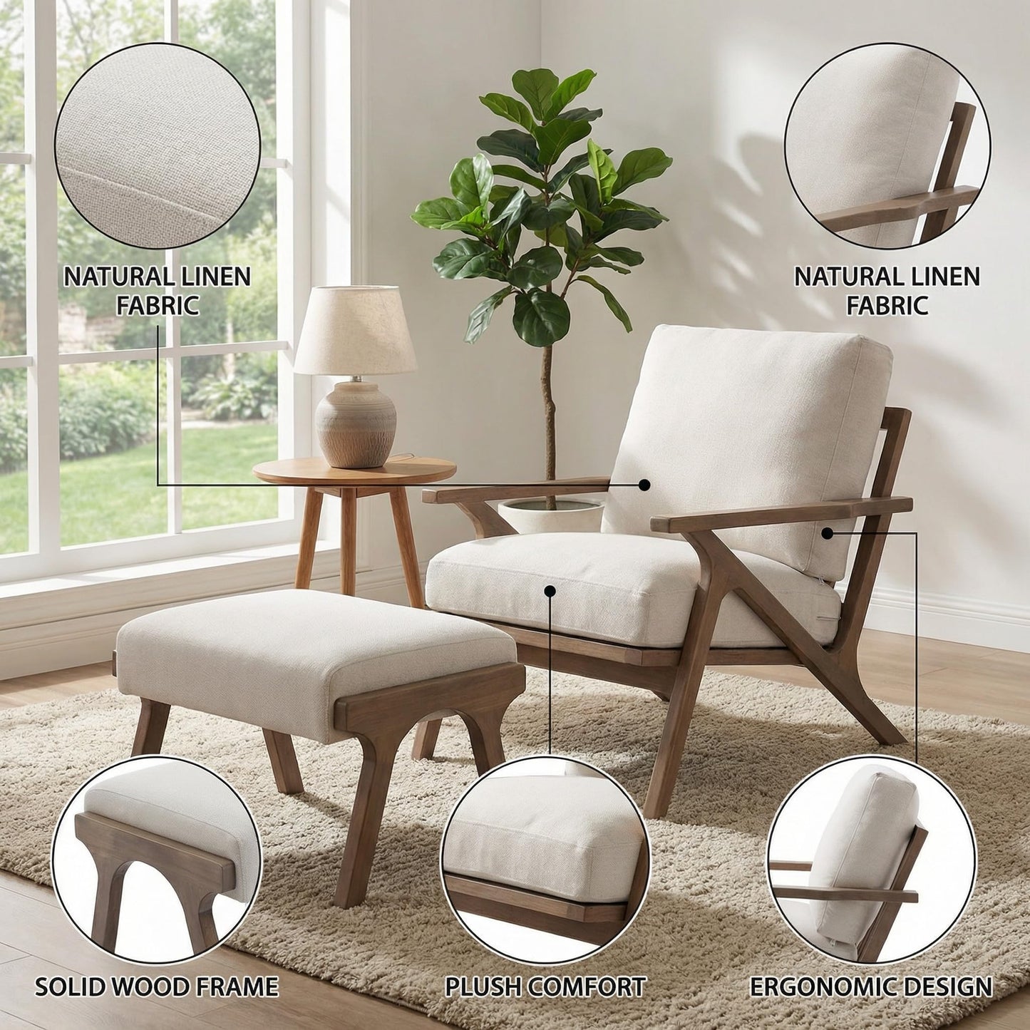 HNY Mid Century Modern Accent Chair with Ottoman, Farmhouse Linen Upholstered Living Room Armchair and Ottoman Set, 23" Seat Wide Retro Leisure Lounge Chair with Wood Frame for Home, Bedroom, Beige