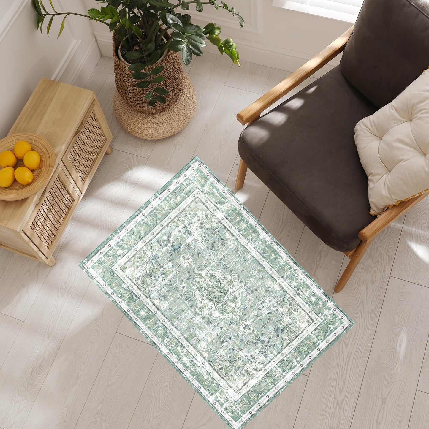 Vhong Boho Area Rugs Washable Vintage Modern Neutral Small Carpet Sage Green 2×3 High Traffic Rugs Doormat for Bathroom Kitchen Entryway Non Slip